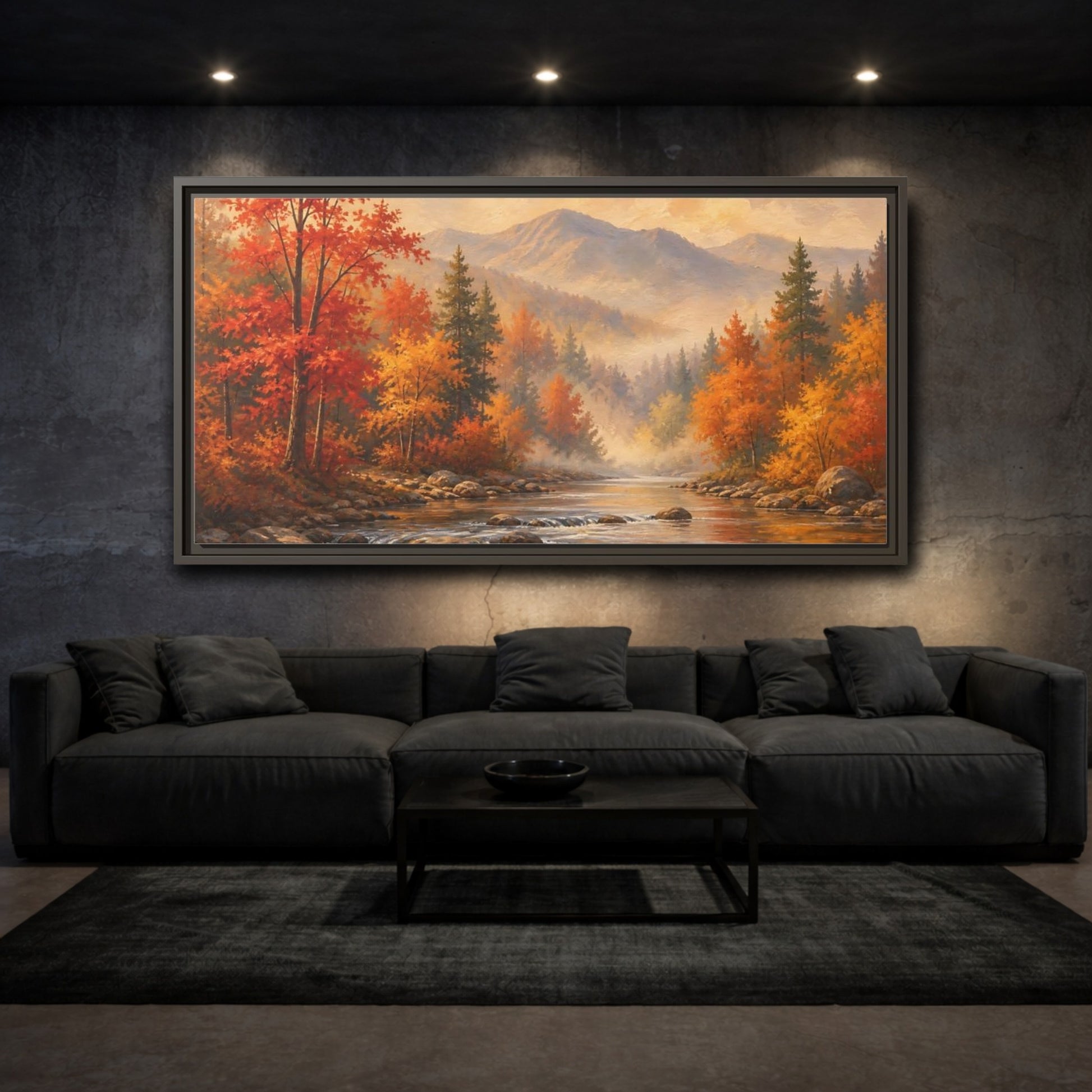 Mockup 3. Nature Autumn Landscape Autumn Forest River shown as stretched canvas wall art