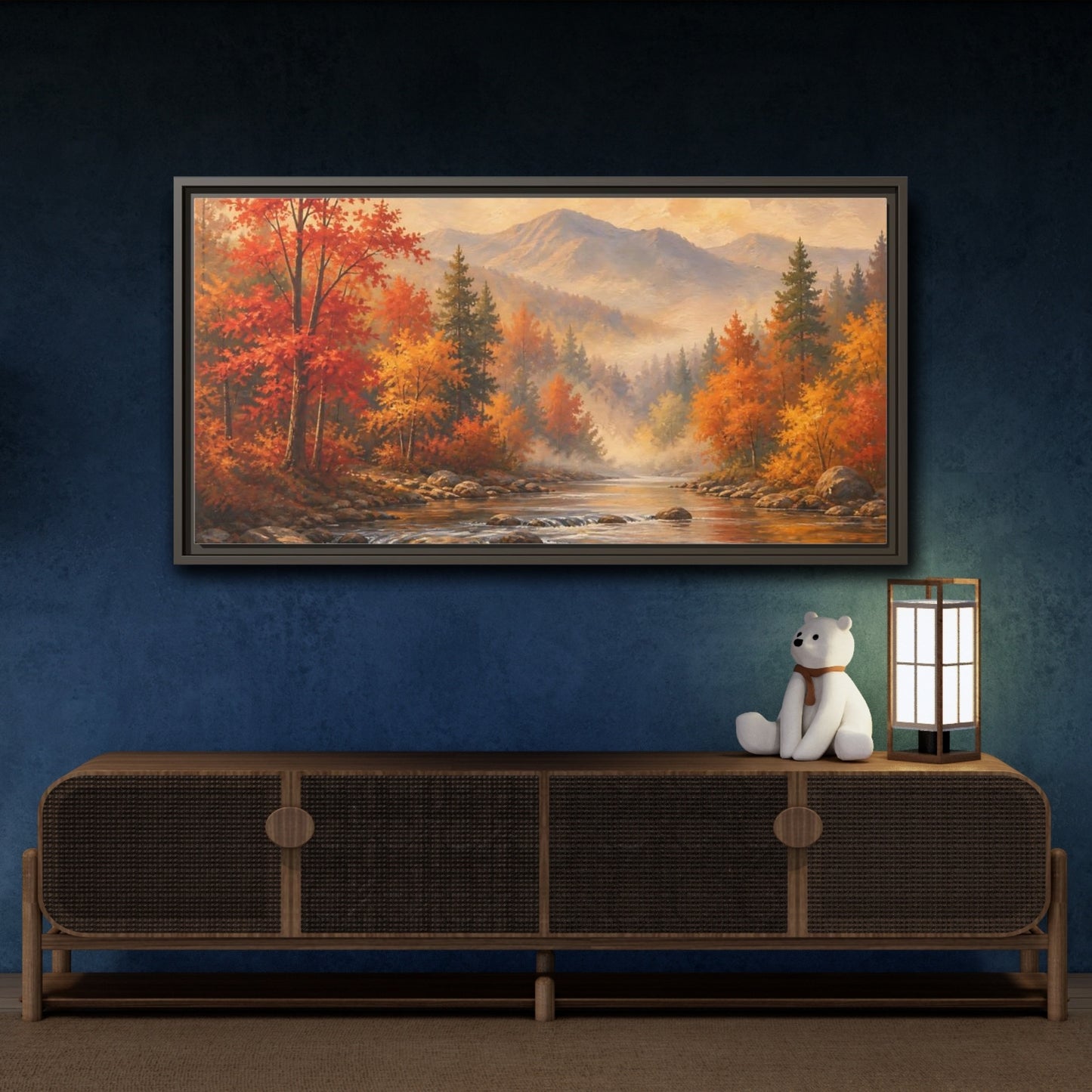 Mockup 4. Nature Autumn Landscape Autumn Forest River shown as stretched canvas wall art