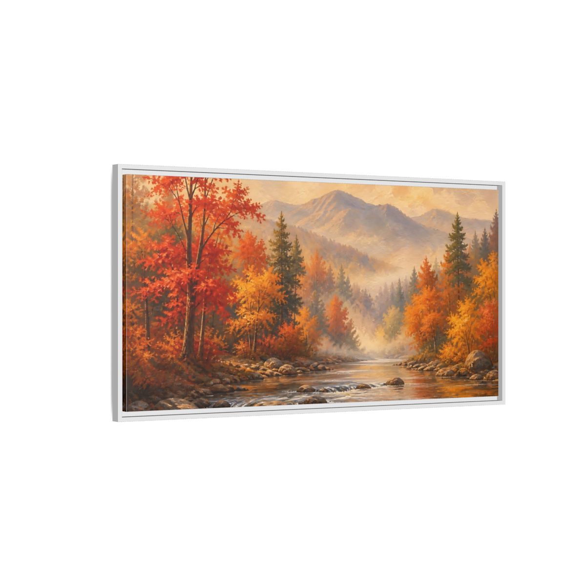 Side Mockup 3. Nature Autumn Landscape Autumn Forest River shown as stretched canvas wall art