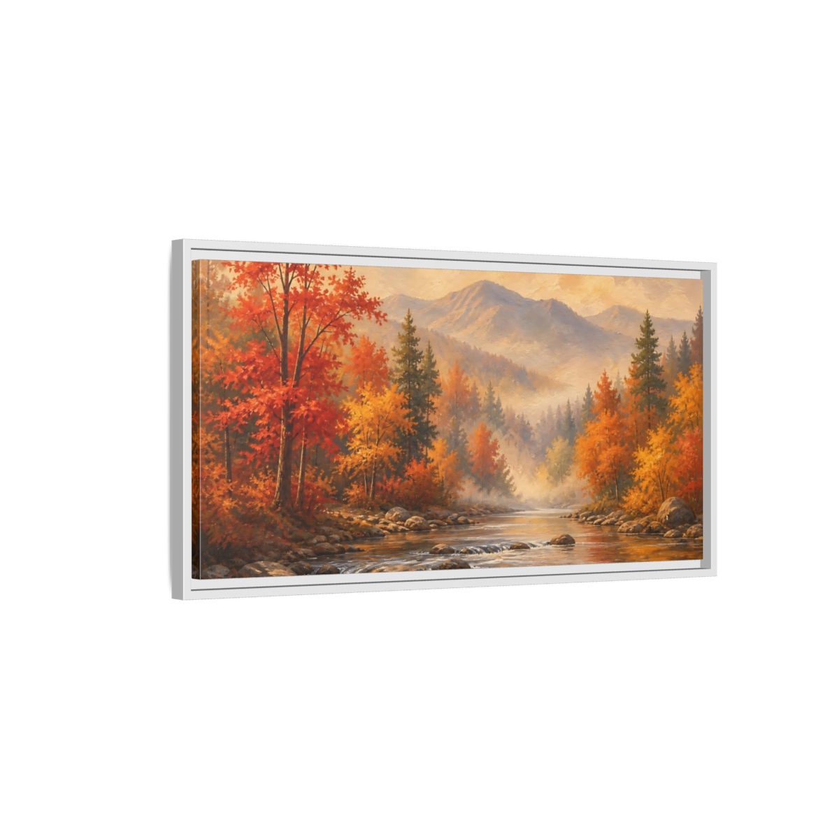 Side Mockup 1. Nature Autumn Landscape Autumn Forest River shown as stretched canvas wall art