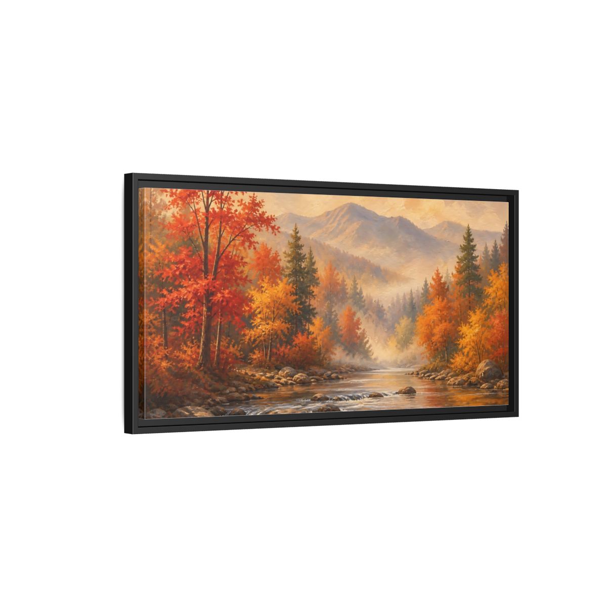 Side Mockup 2. Nature Autumn Landscape Autumn Forest River shown as stretched canvas wall art