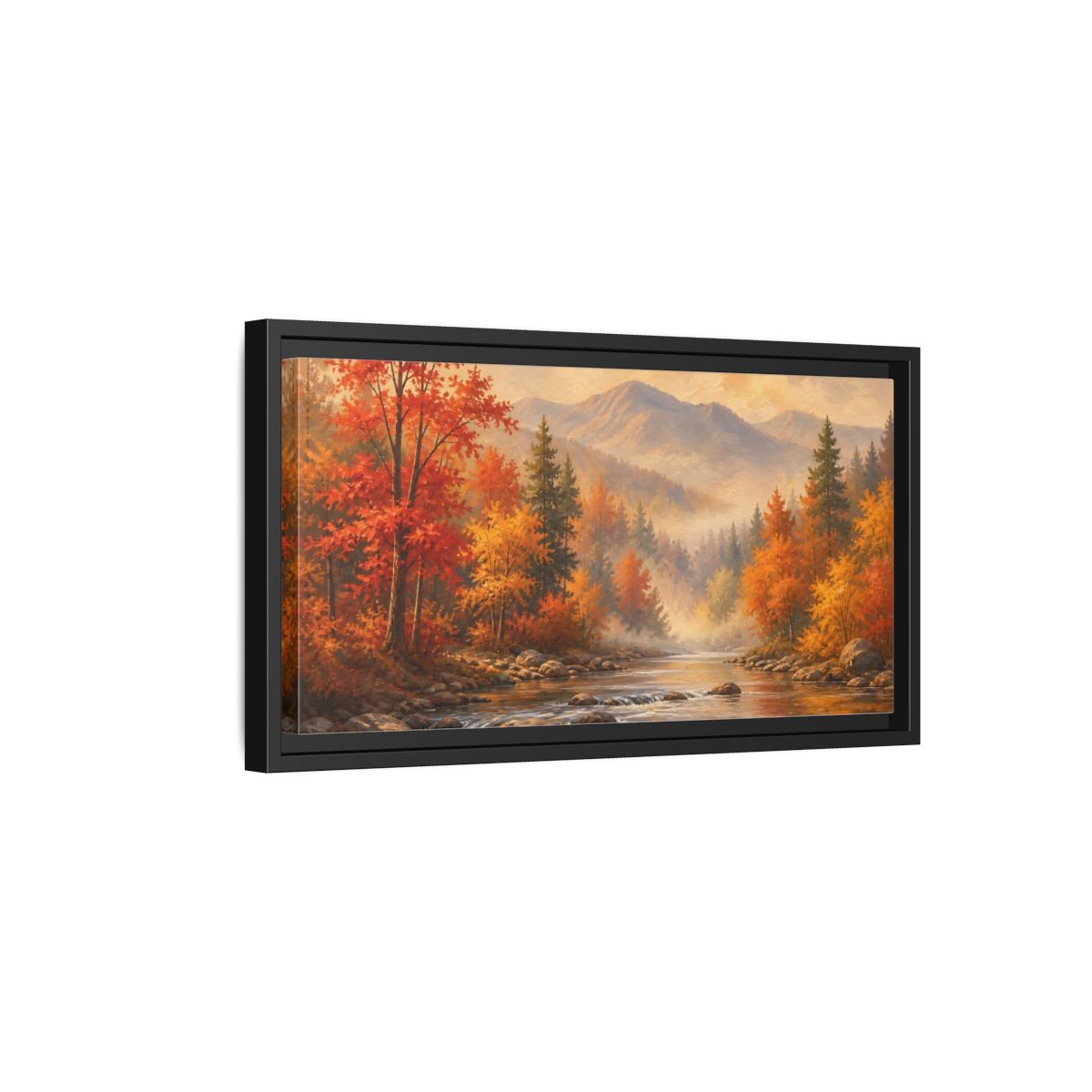 Side Mockup 8. Nature Autumn Landscape Autumn Forest River shown as stretched canvas wall art