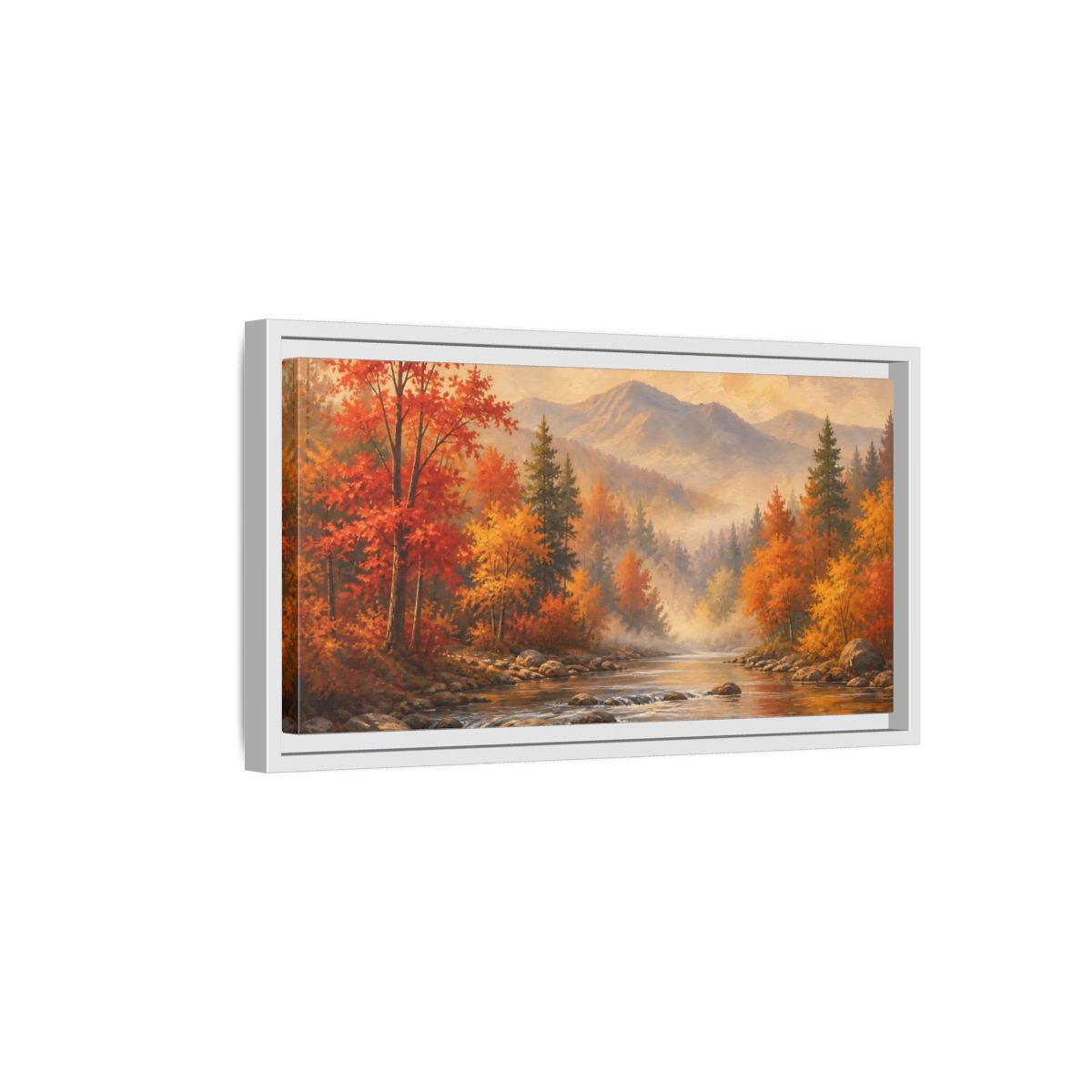 Side Mockup 6. Nature Autumn Landscape Autumn Forest River shown as stretched canvas wall art