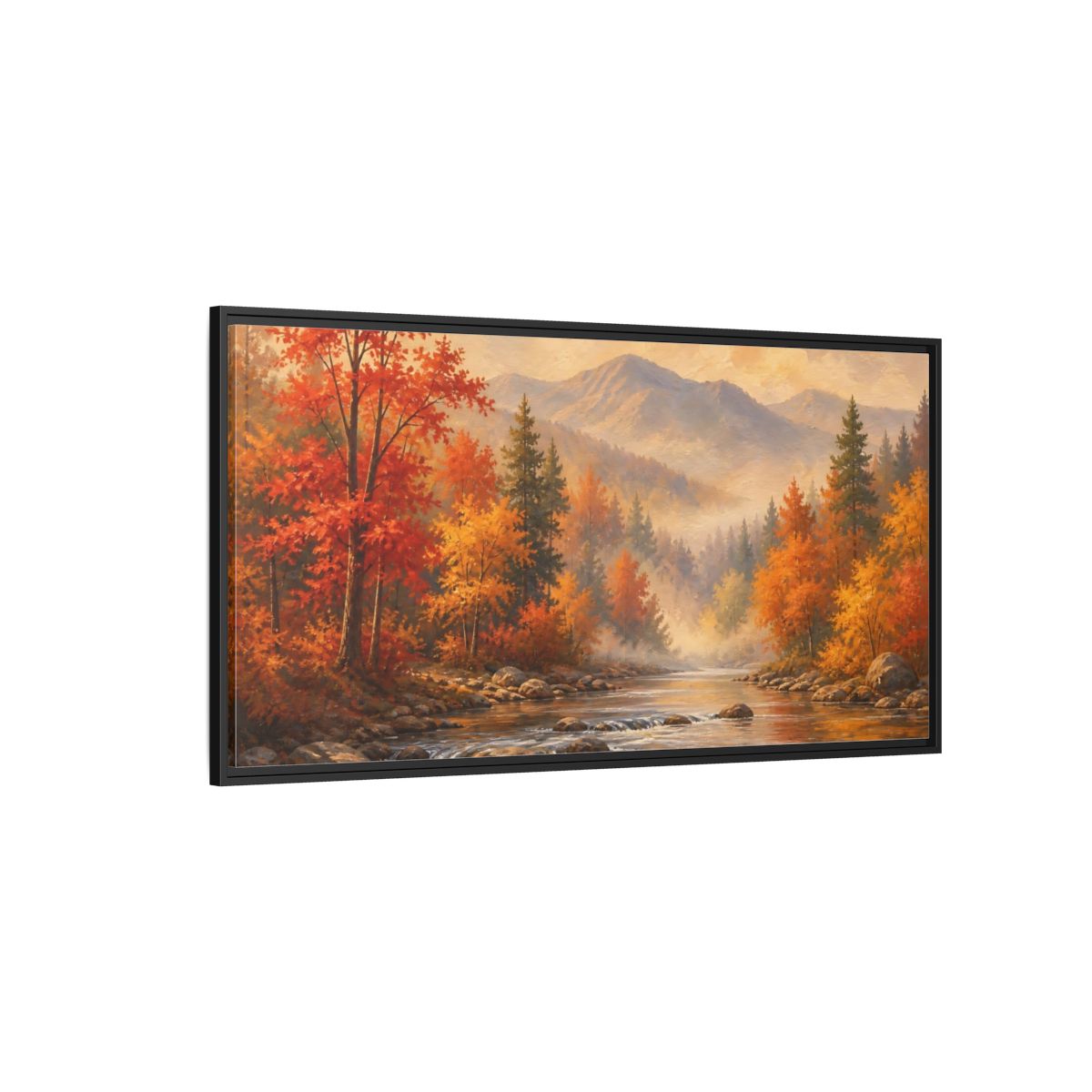 Side Mockup 5. Nature Autumn Landscape Autumn Forest River shown as stretched canvas wall art