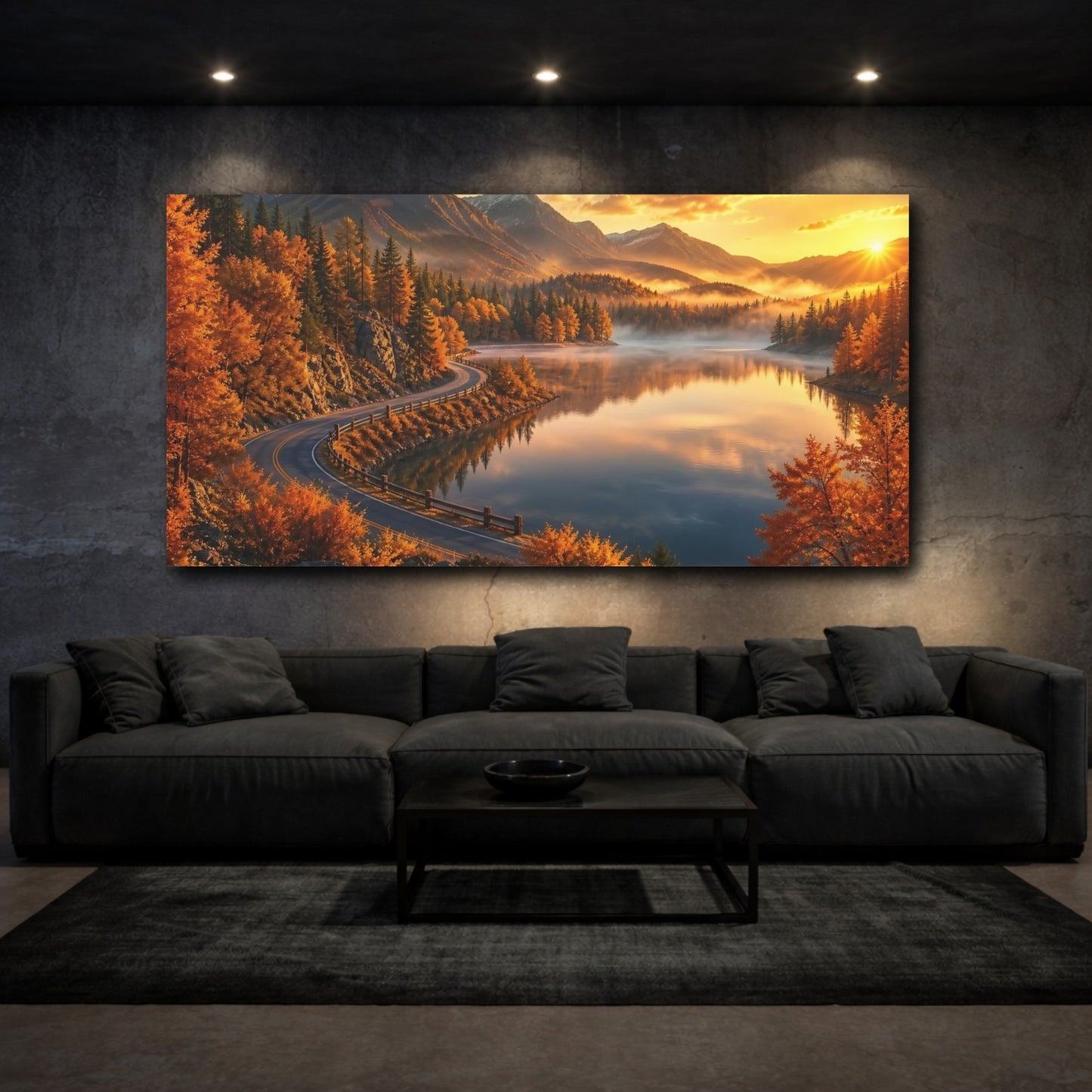 Mockup 3. Nature Autumn Landscape Golden Autumn Lake shown as stretched canvas wall art