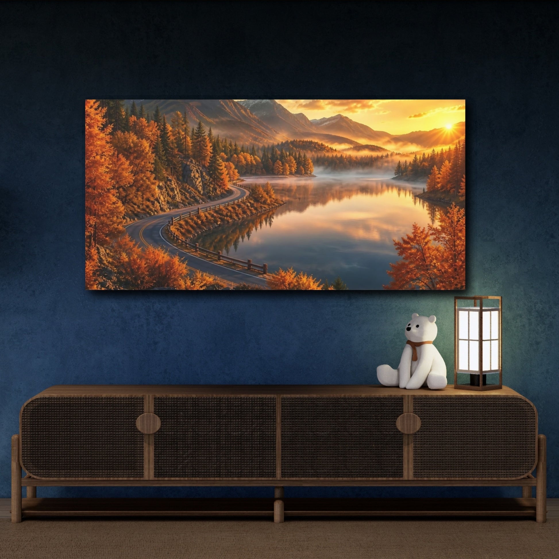 Mockup 4. Nature Autumn Landscape Golden Autumn Lake shown as stretched canvas wall art