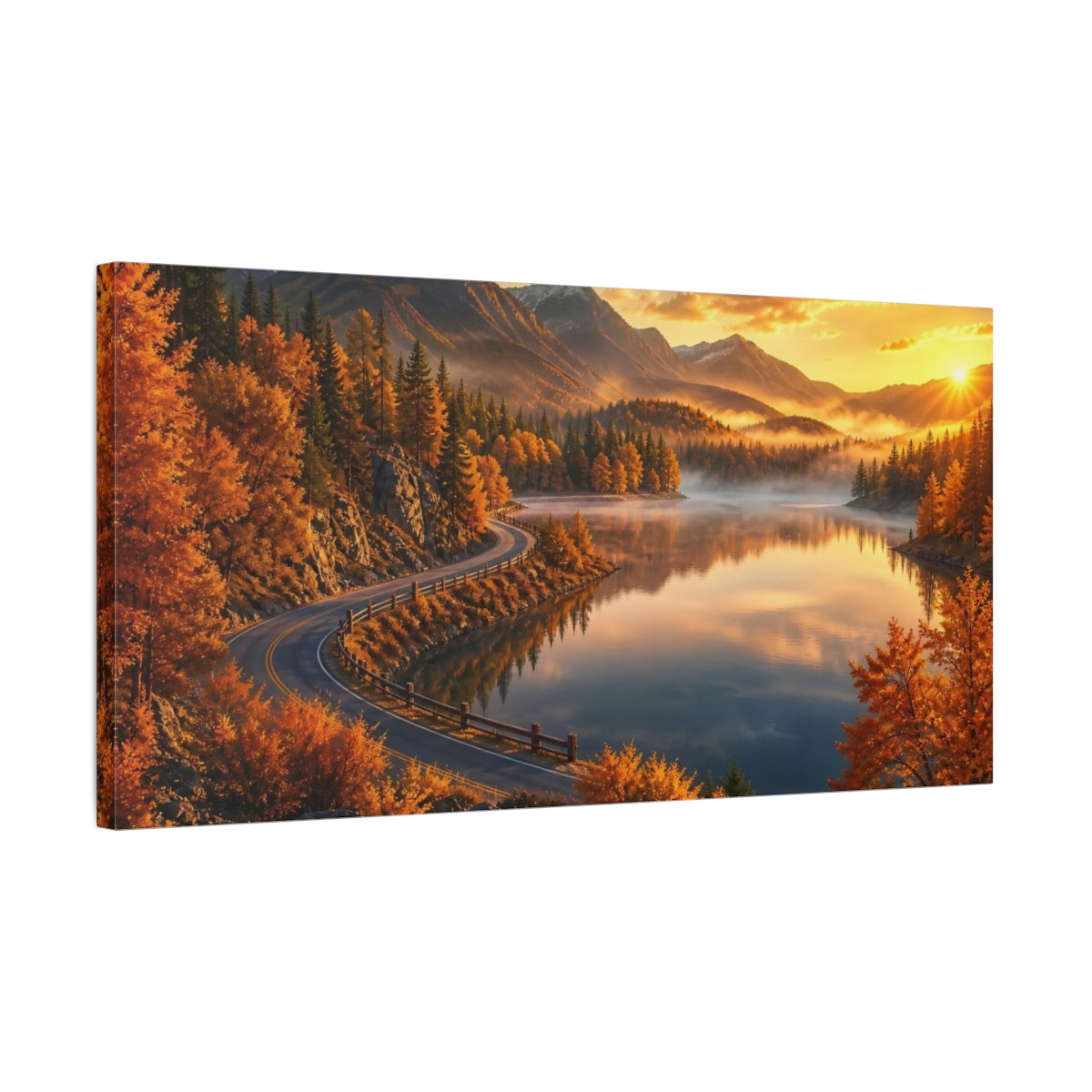 Side Mockup 1. Nature Autumn Landscape Golden Autumn Lake shown as stretched canvas wall art