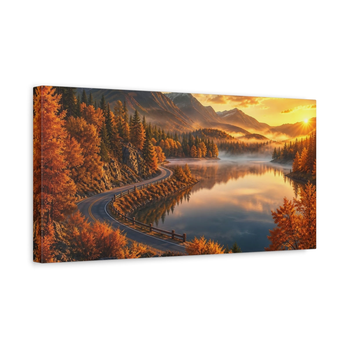 Side Mockup 3. Nature Autumn Landscape Golden Autumn Lake shown as stretched canvas wall art