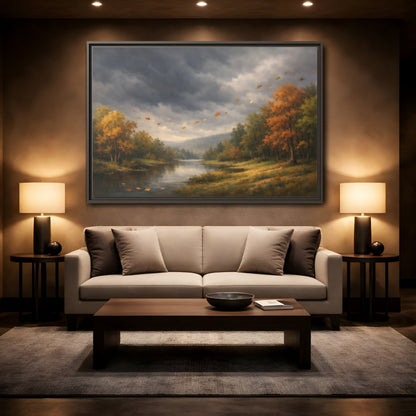 Mockup 2. Nature Autumn River Autumn Landscape shown as stretched canvas wall art