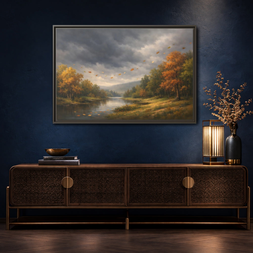 Mockup 4. Nature Autumn River Autumn Landscape shown as stretched canvas wall art