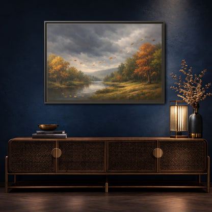 Mockup 4. Nature Autumn River Autumn Landscape shown as stretched canvas wall art