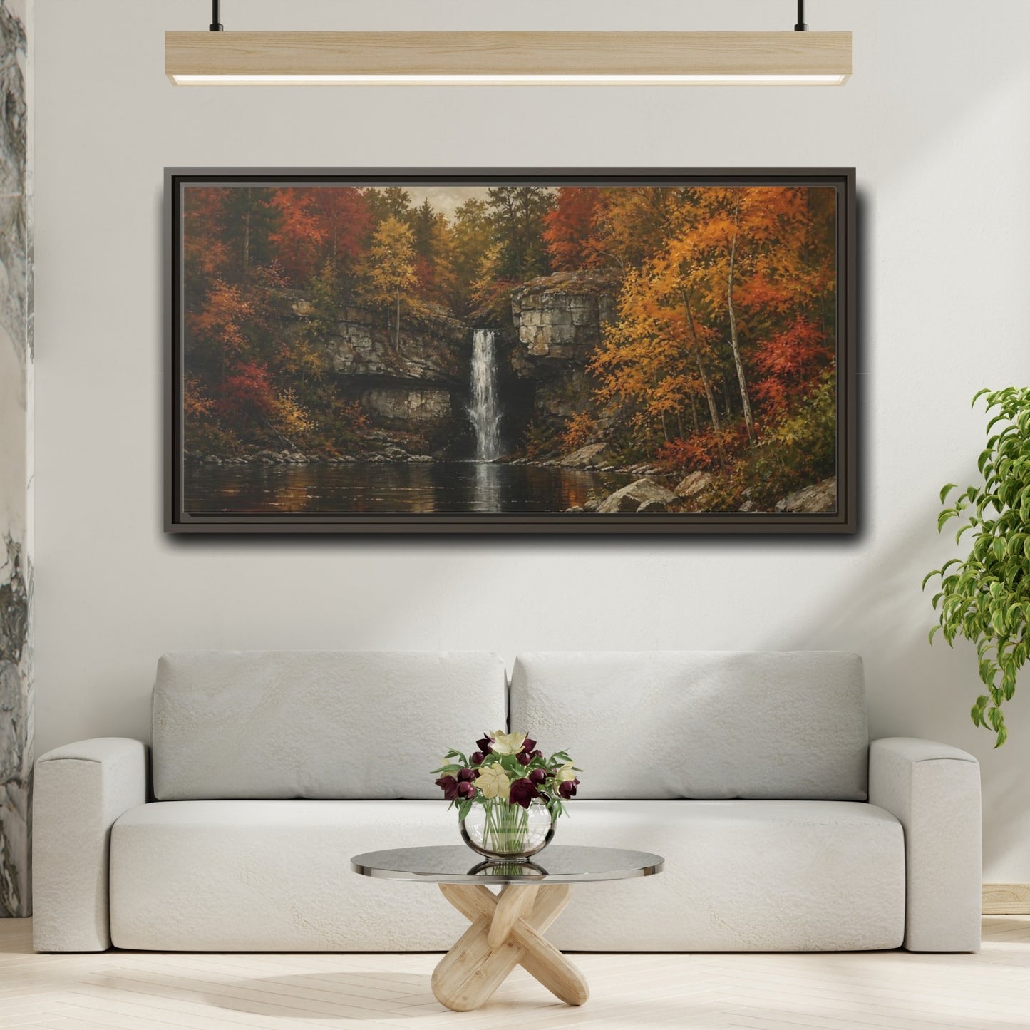 Mockup 2. Nature Autumn Waterfall Autumn Waterfall Landscape shown as stretched canvas wall art