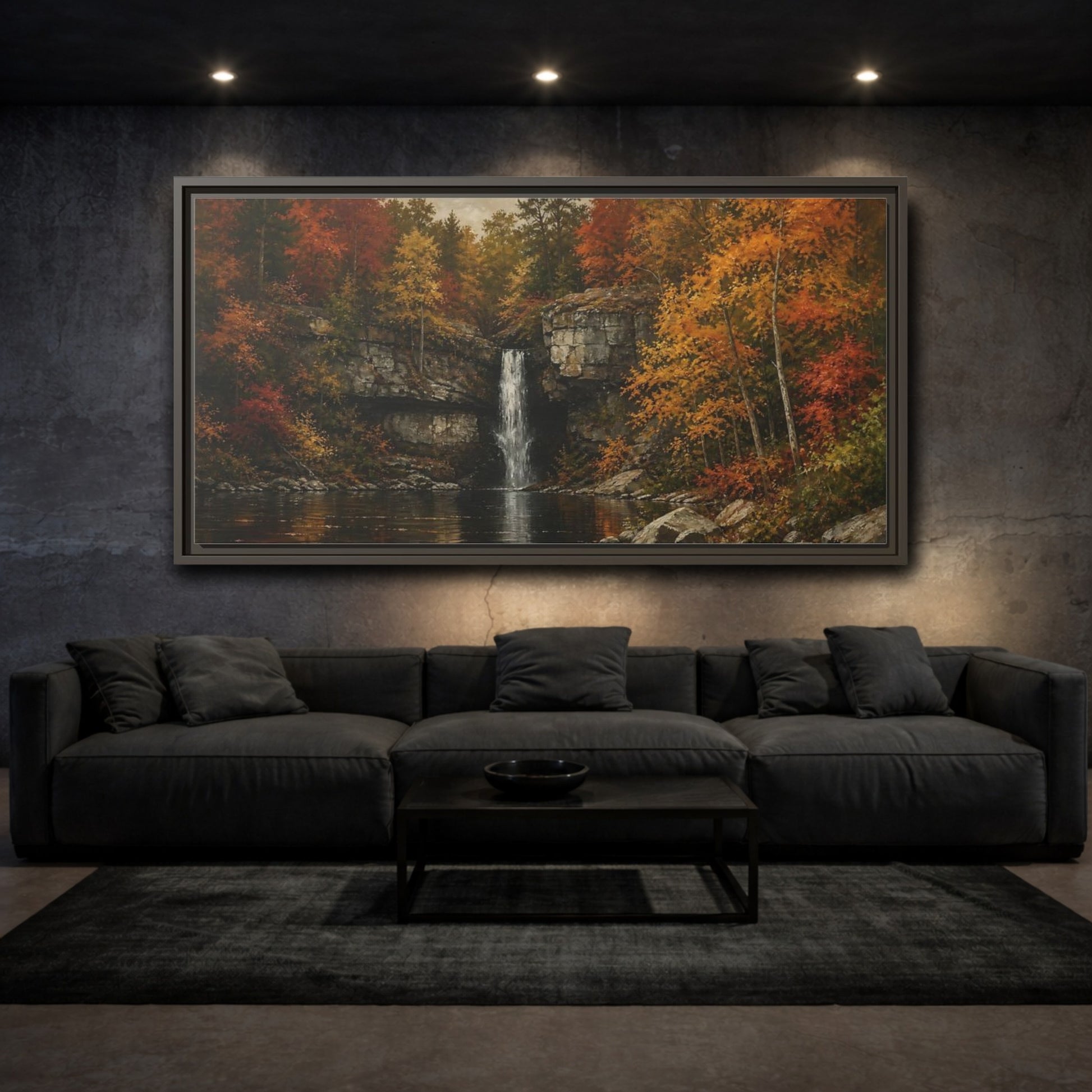 Mockup 3. Nature Autumn Waterfall Autumn Waterfall Landscape shown as stretched canvas wall art