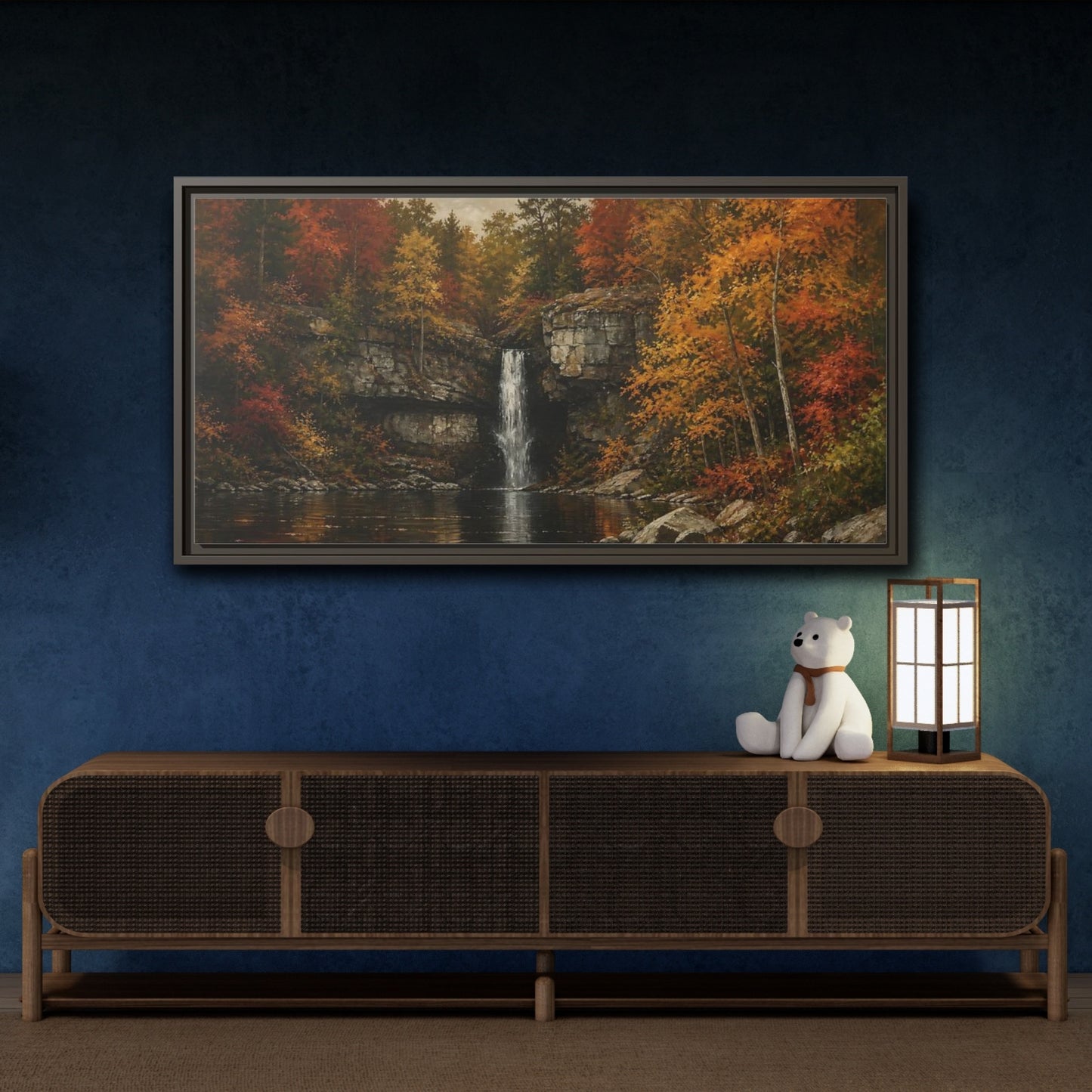 Mockup 4. Nature Autumn Waterfall Autumn Waterfall Landscape shown as stretched canvas wall art