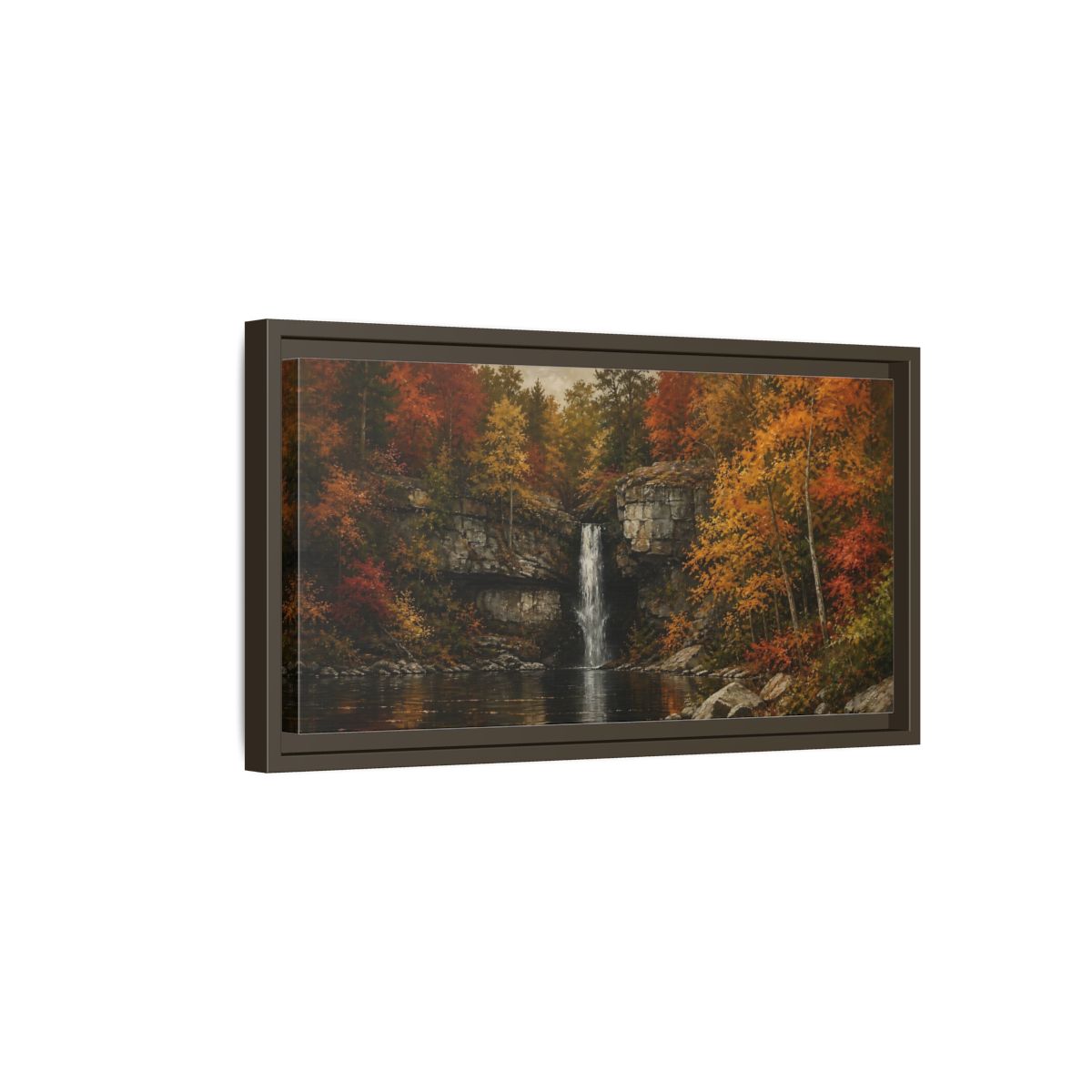 Side Mockup 7. Nature Autumn Waterfall Autumn Waterfall Landscape shown as stretched canvas wall art