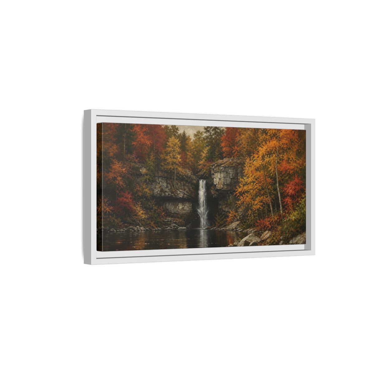 Side Mockup 6. Nature Autumn Waterfall Autumn Waterfall Landscape shown as stretched canvas wall art