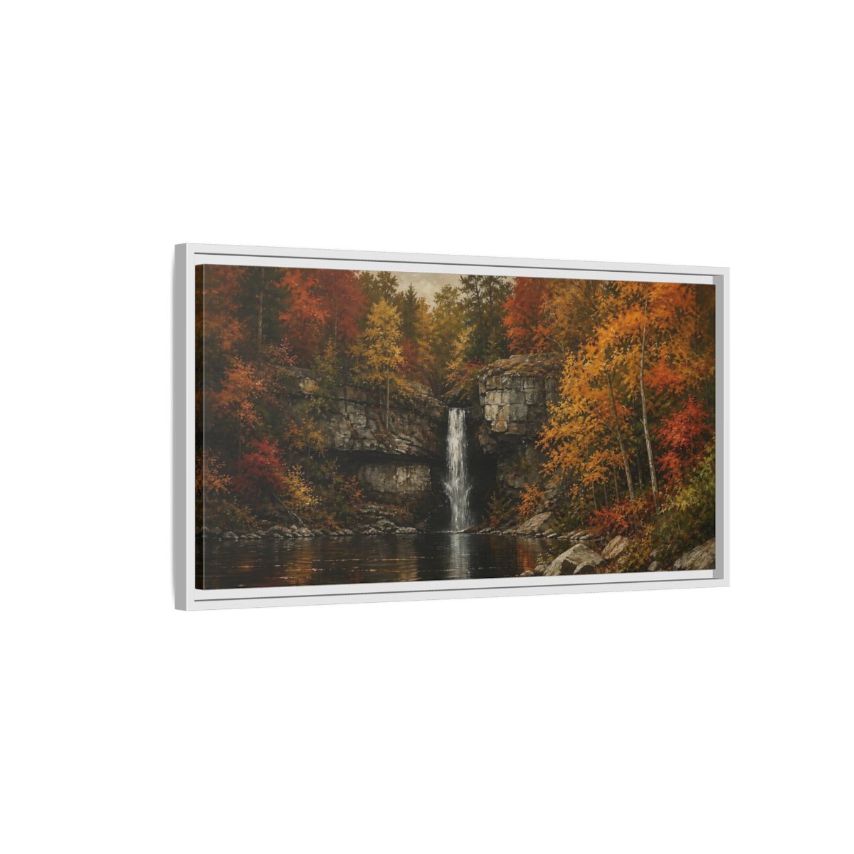 Side Mockup 1. Nature Autumn Waterfall Autumn Waterfall Landscape shown as stretched canvas wall art