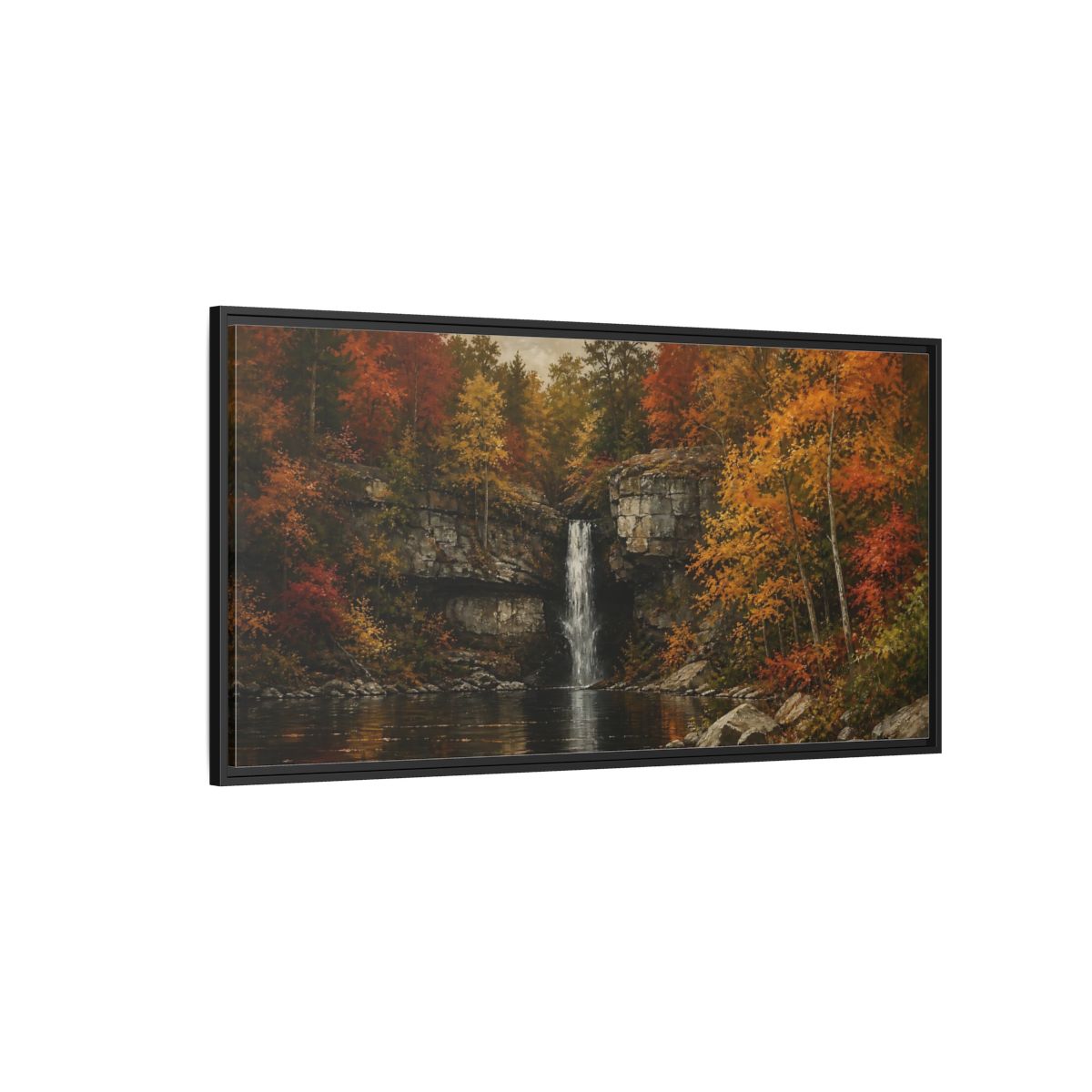 Side Mockup 5. Nature Autumn Waterfall Autumn Waterfall Landscape shown as stretched canvas wall art