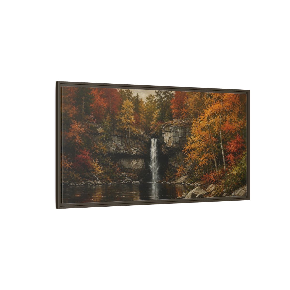 Side Mockup 4. Nature Autumn Waterfall Autumn Waterfall Landscape shown as stretched canvas wall art