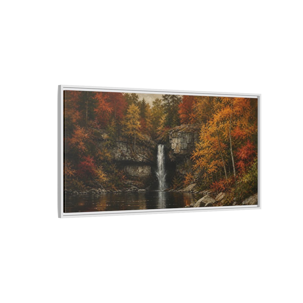Side Mockup 3. Nature Autumn Waterfall Autumn Waterfall Landscape shown as stretched canvas wall art