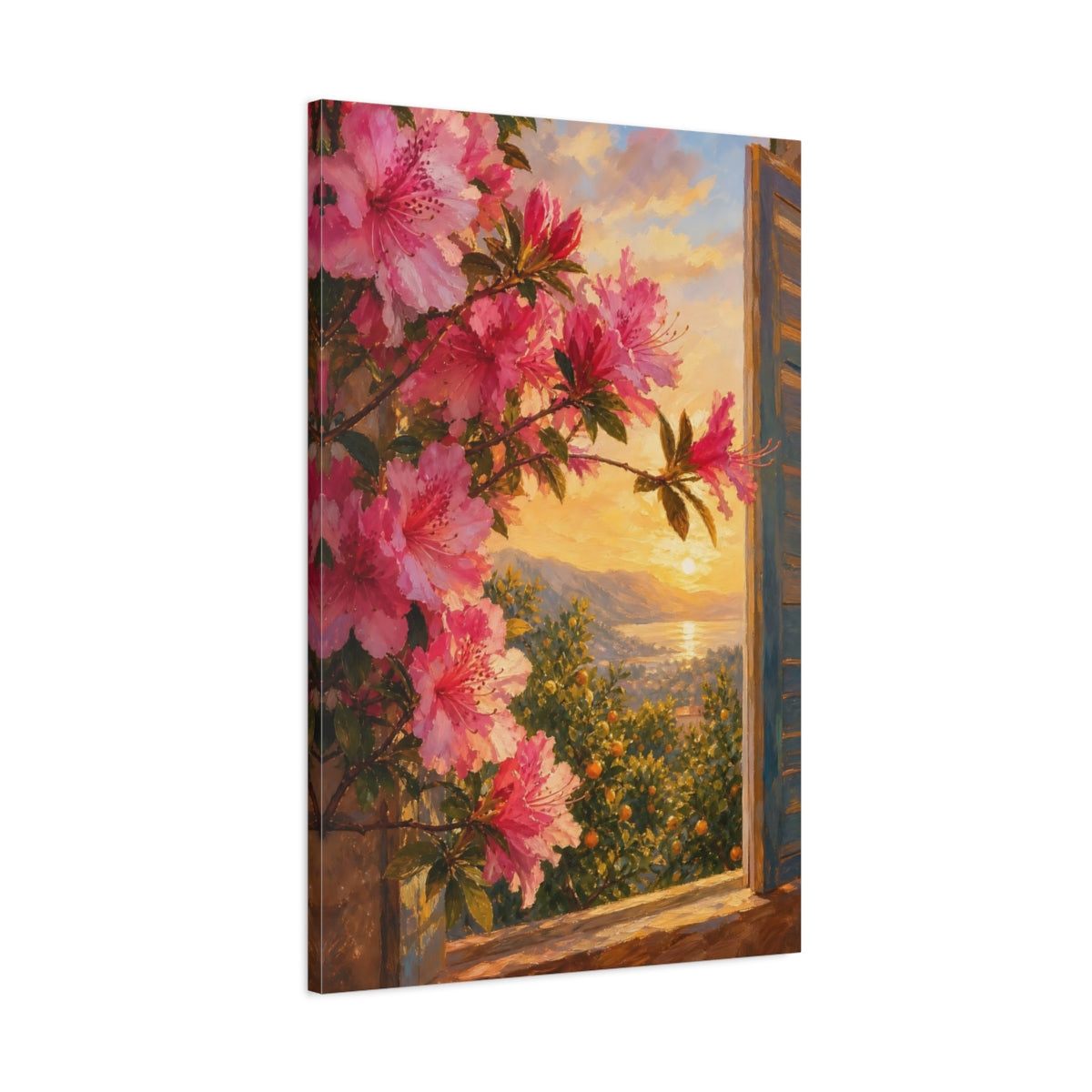 Main Mockup. Nature Azalea Flowers Pink Flowers Sunset shown as stretched canvas wall art