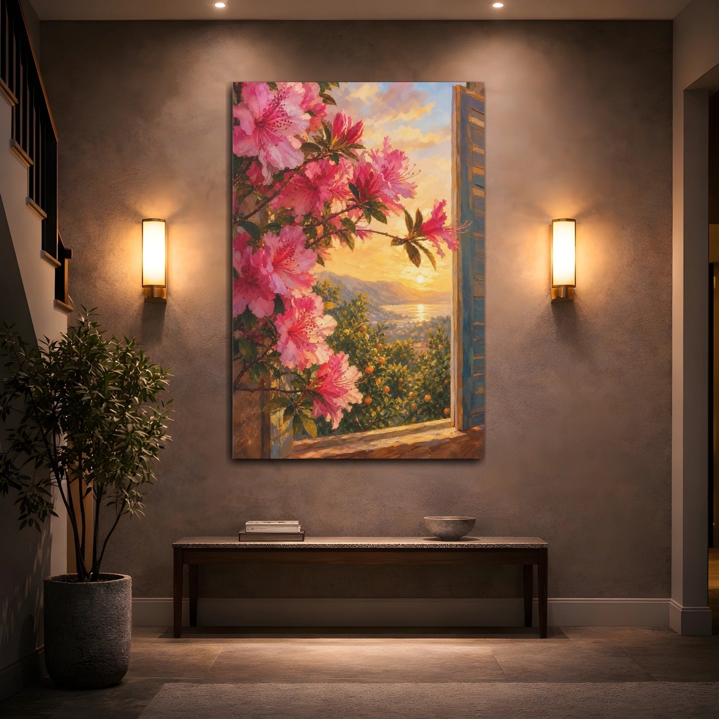 Mockup 2. Nature Azalea Flowers Pink Flowers Sunset shown as stretched canvas wall art