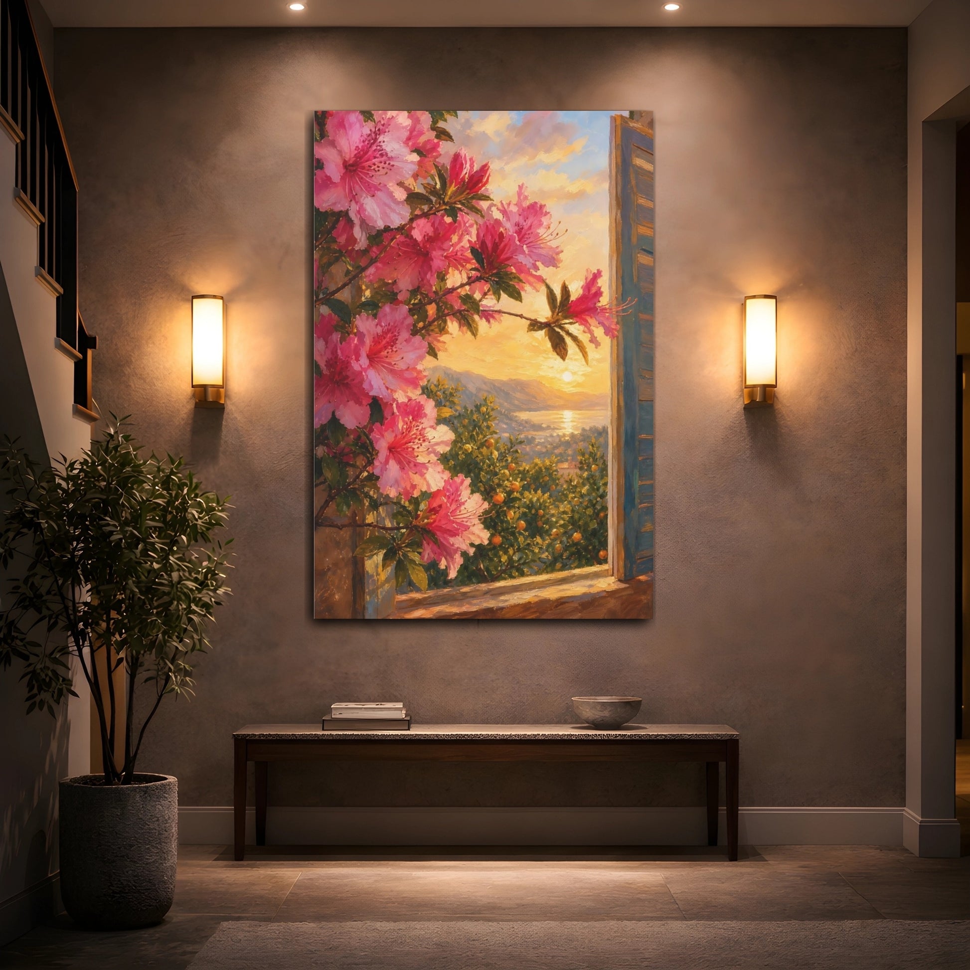 Mockup 2. Nature Azalea Flowers Pink Flowers Sunset shown as stretched canvas wall art