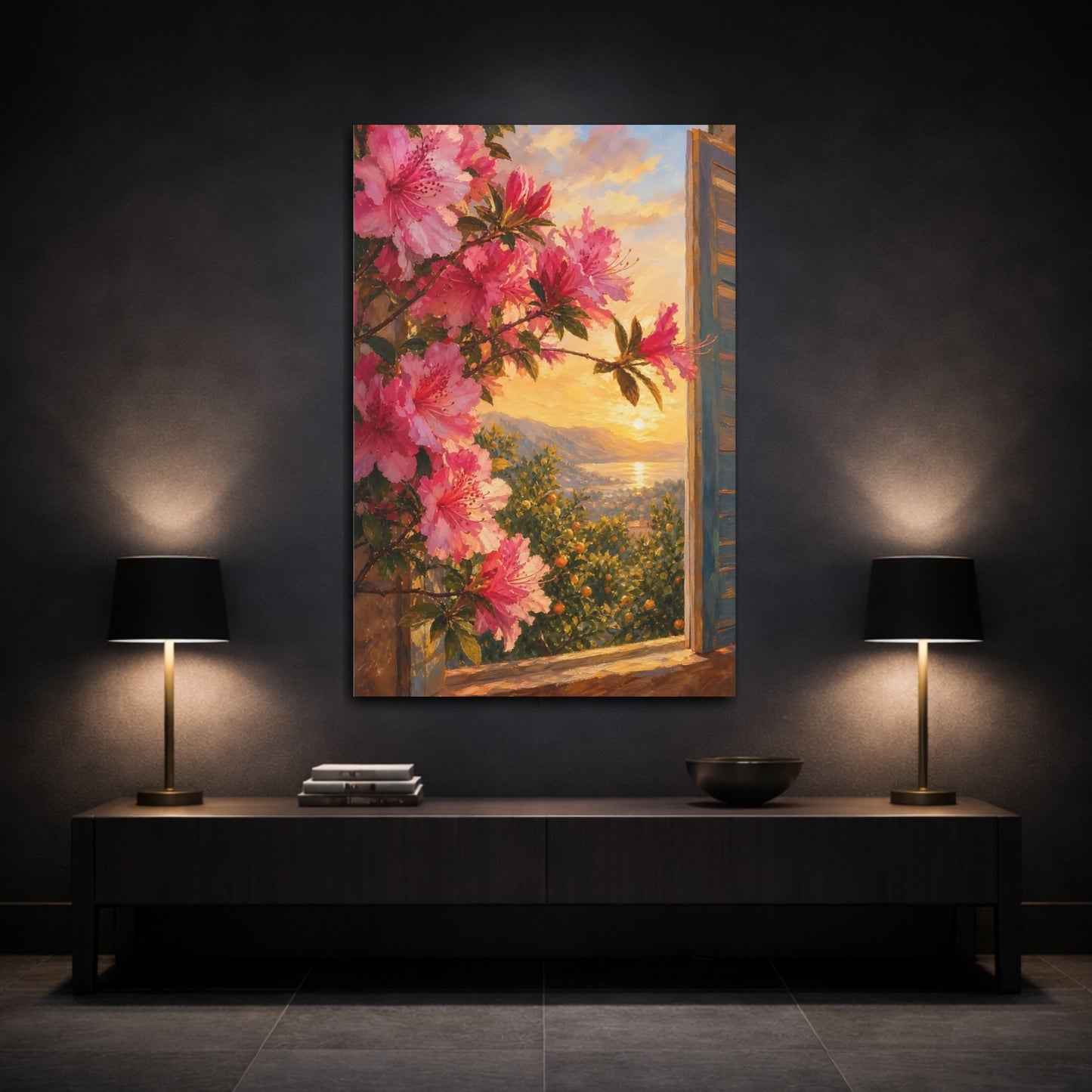 Mockup 3. Nature Azalea Flowers Pink Flowers Sunset shown as stretched canvas wall art