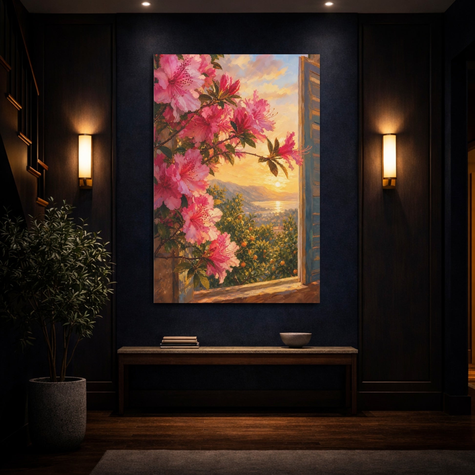 Mockup 4. Nature Azalea Flowers Pink Flowers Sunset shown as stretched canvas wall art