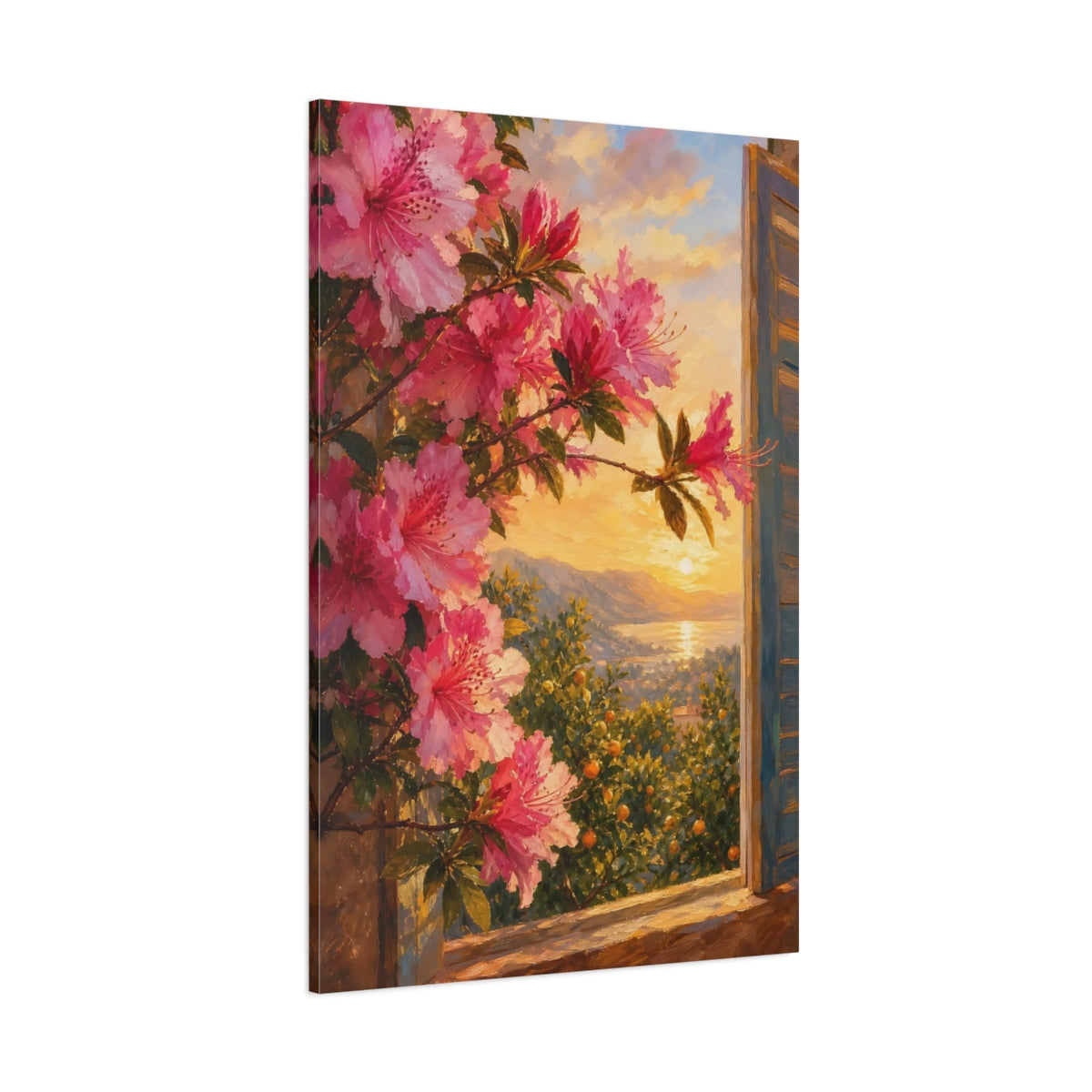 Side Mockup 1. Nature Azalea Flowers Pink Flowers Sunset shown as stretched canvas wall art