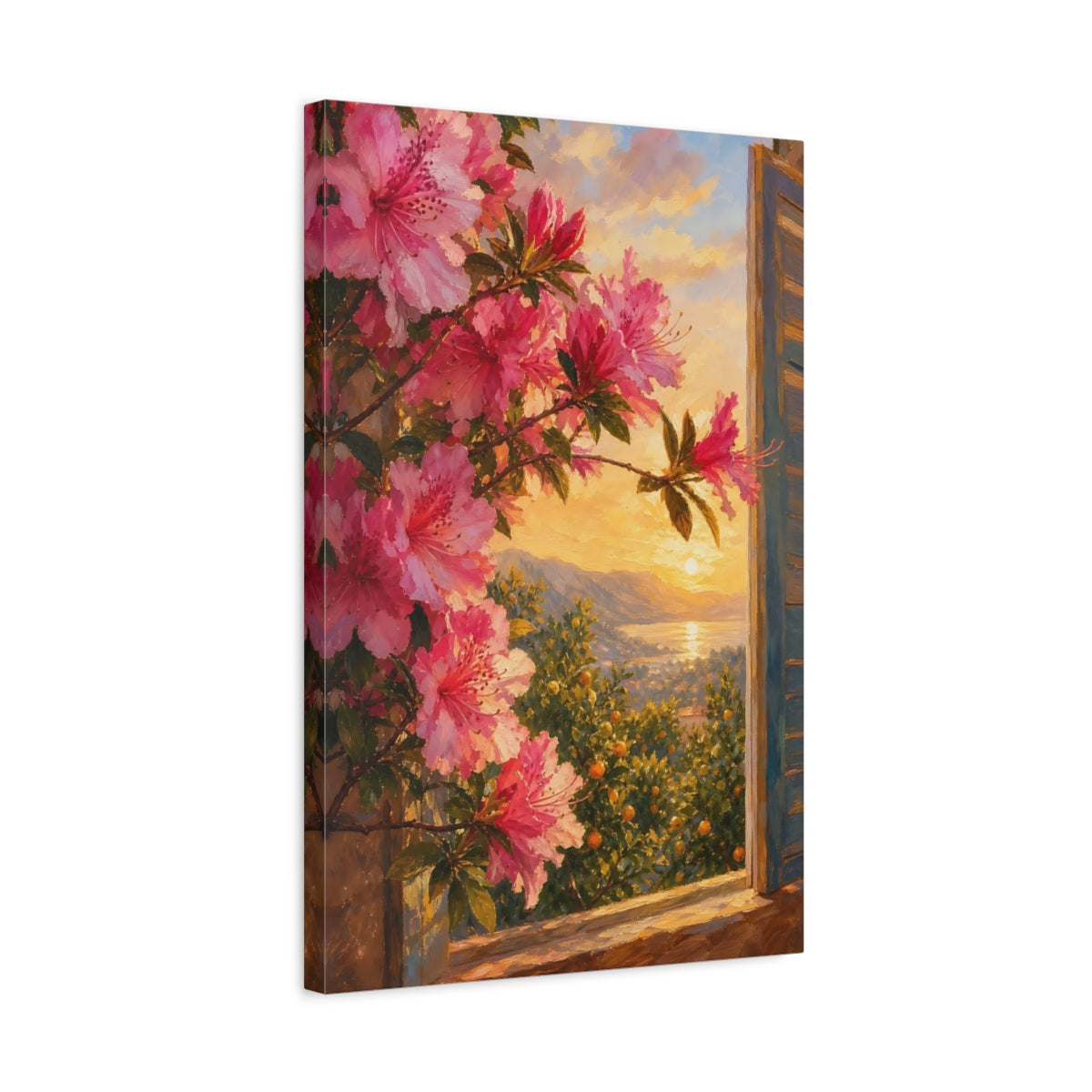 Side Mockup 3. Nature Azalea Flowers Pink Flowers Sunset shown as stretched canvas wall art