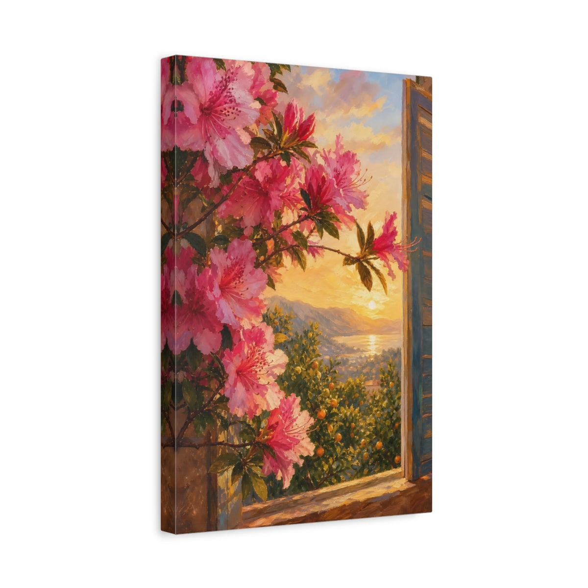 Side Mockup 4. Nature Azalea Flowers Pink Flowers Sunset shown as stretched canvas wall art
