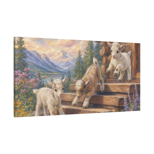 Main Mockup. Nature Baby Goats Mountain Goats shown as stretched canvas wall art