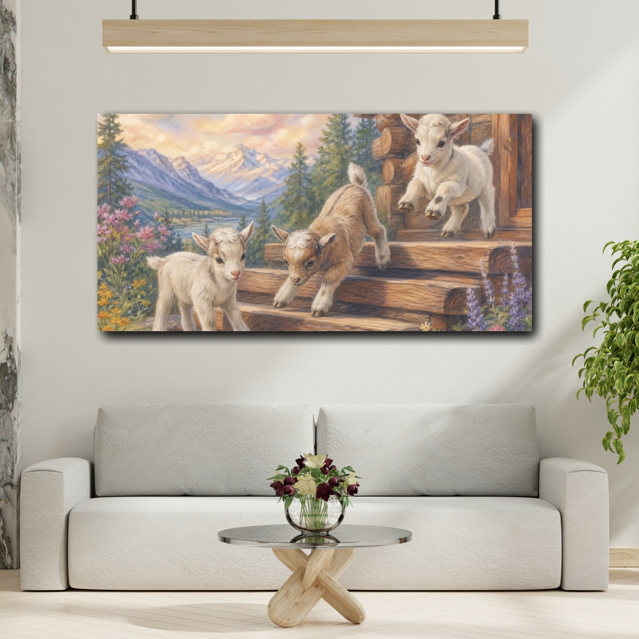Mockup 2. Nature Baby Goats Mountain Goats shown as stretched canvas wall art