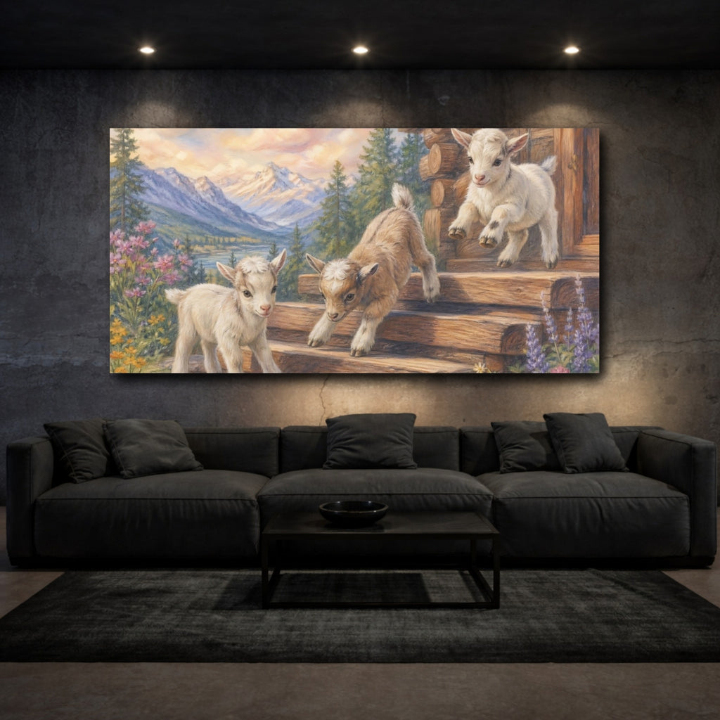Mockup 3. Nature Baby Goats Mountain Goats shown as stretched canvas wall art