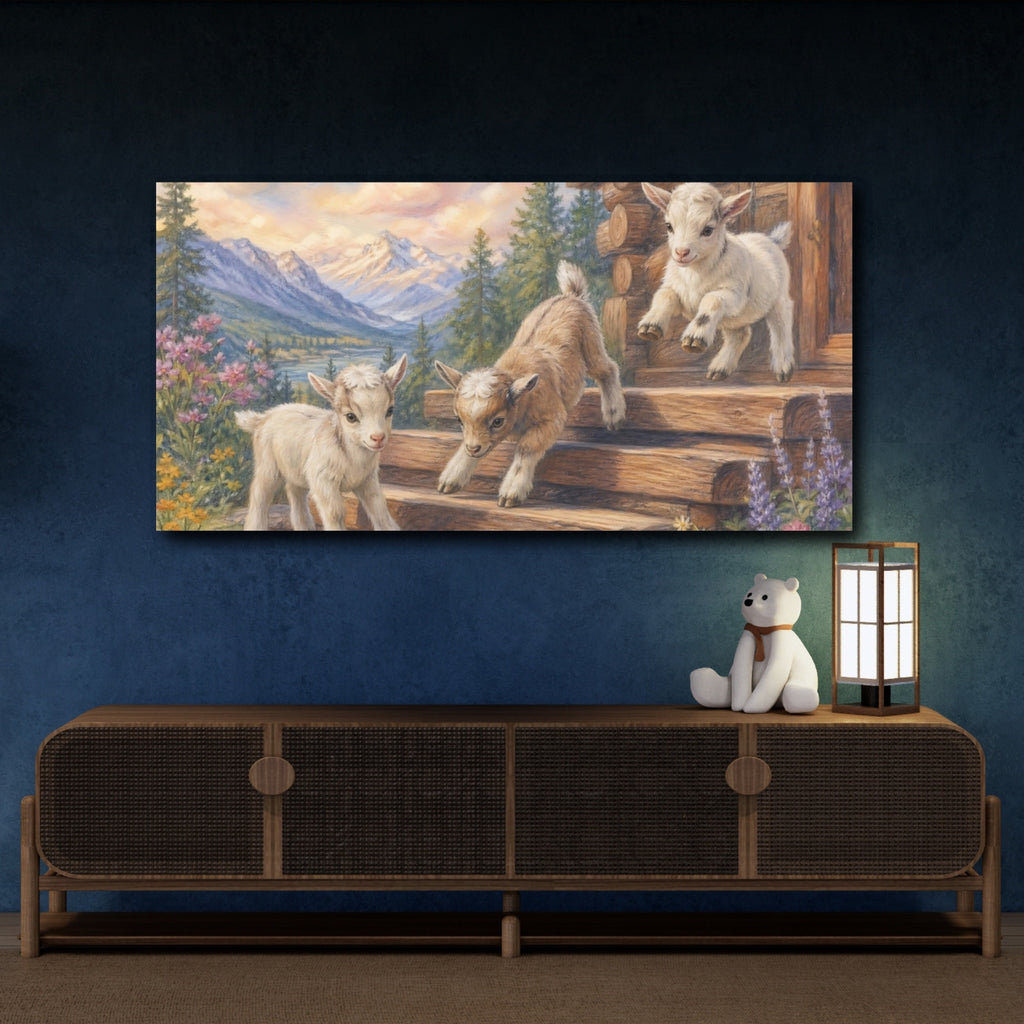 Mockup 4. Nature Baby Goats Mountain Goats shown as stretched canvas wall art