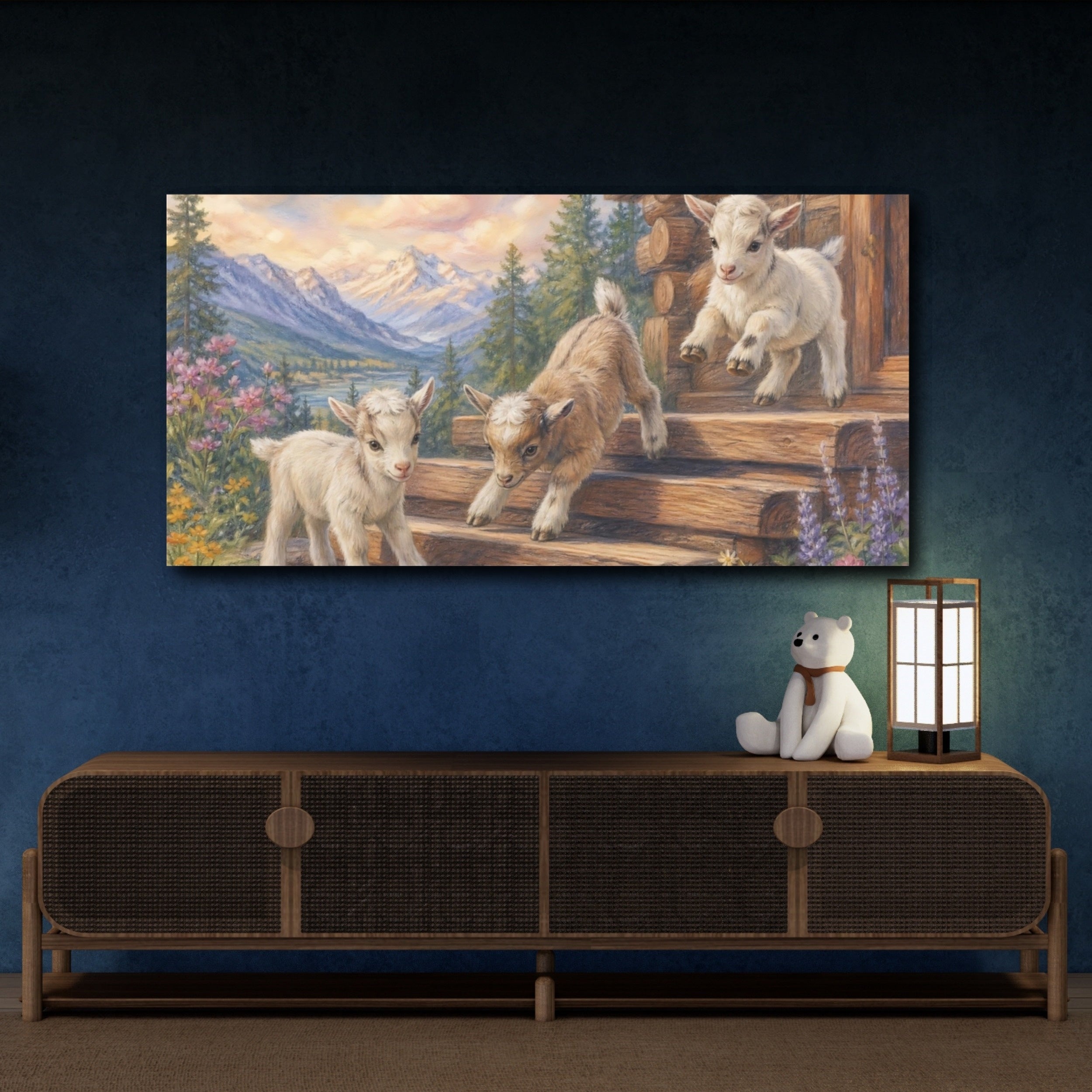 Mockup 4. Nature Baby Goats Mountain Goats shown as stretched canvas wall art