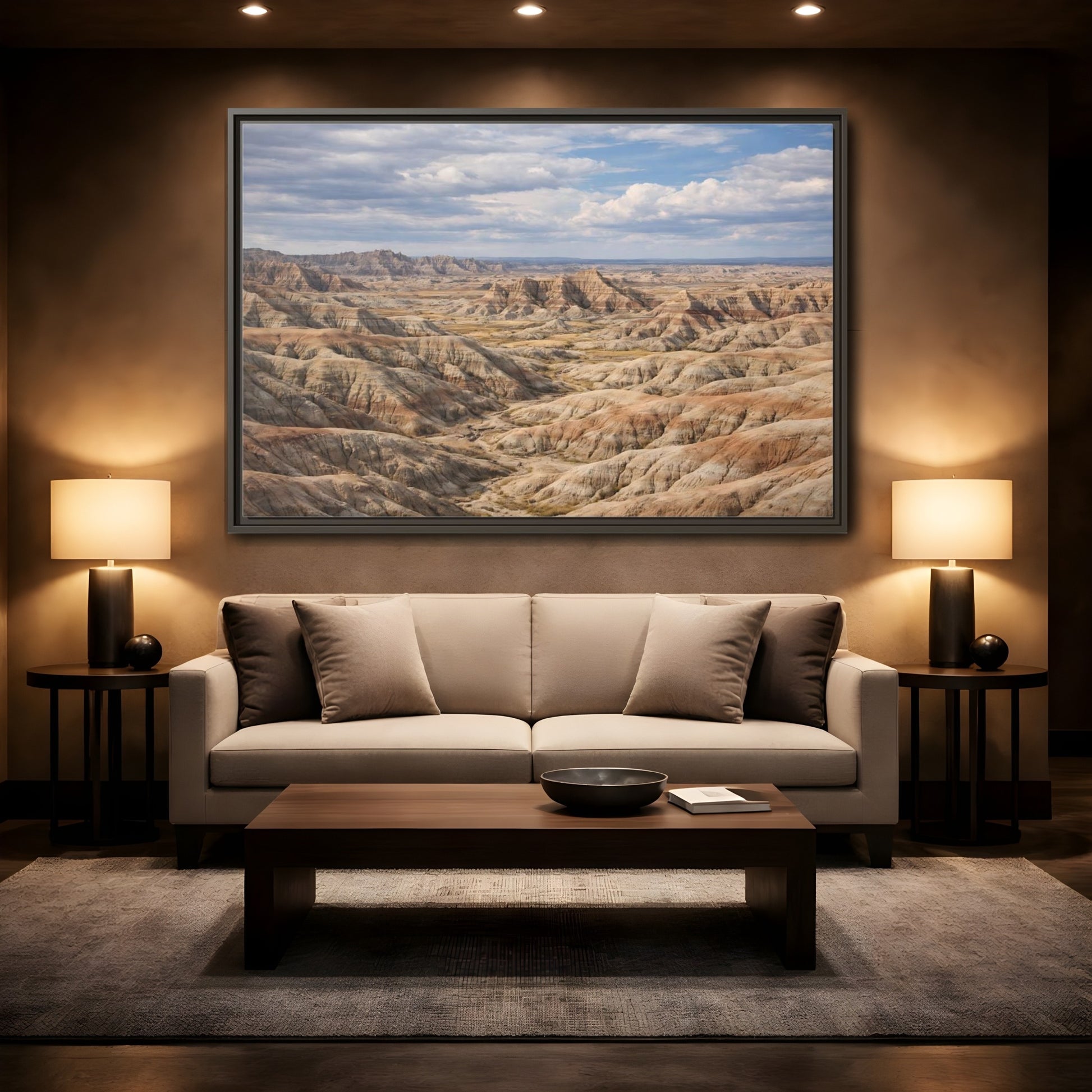 Mockup 2. Nature Badlands Mountains Earthy Badlands shown as stretched canvas wall art