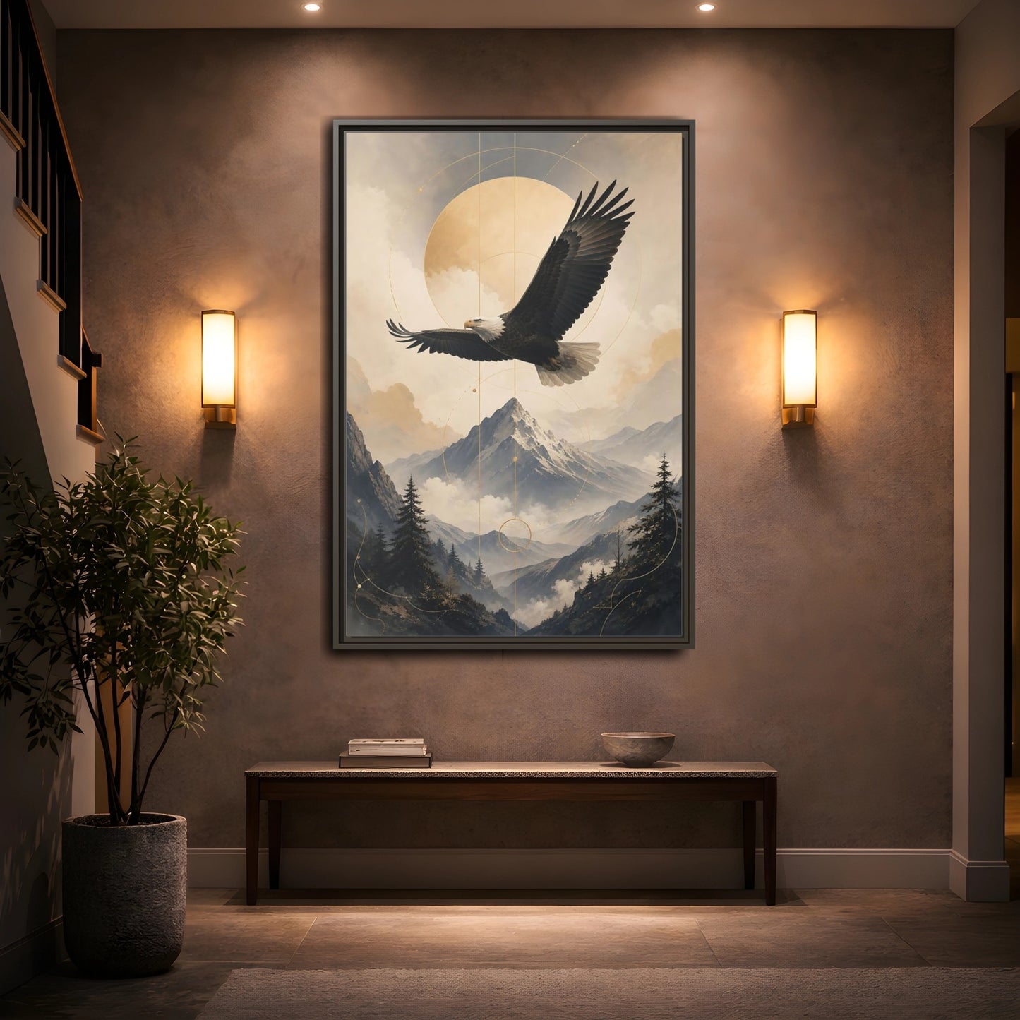 Mockup 2. Nature Bald Eagle Brown And Gold Landscape shown as stretched canvas wall art