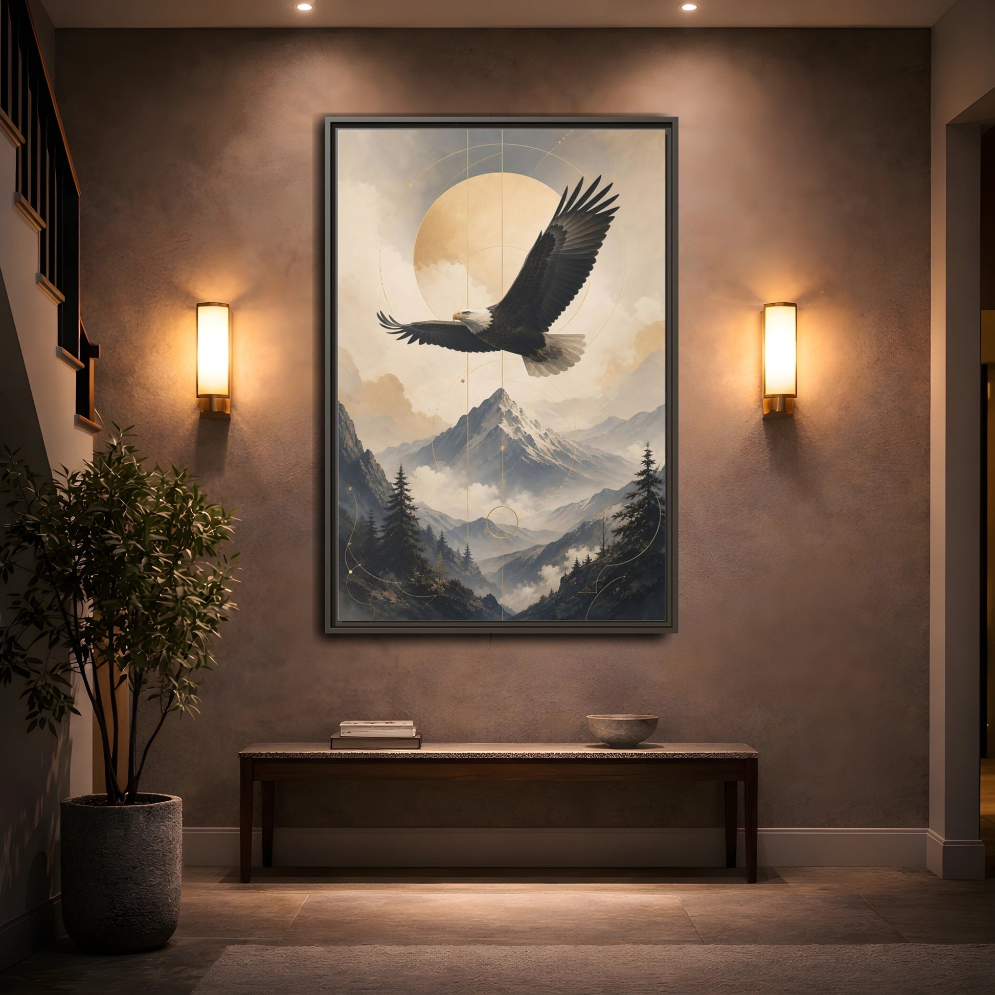 Mockup 2. Nature Bald Eagle Brown And Gold Landscape shown as stretched canvas wall art