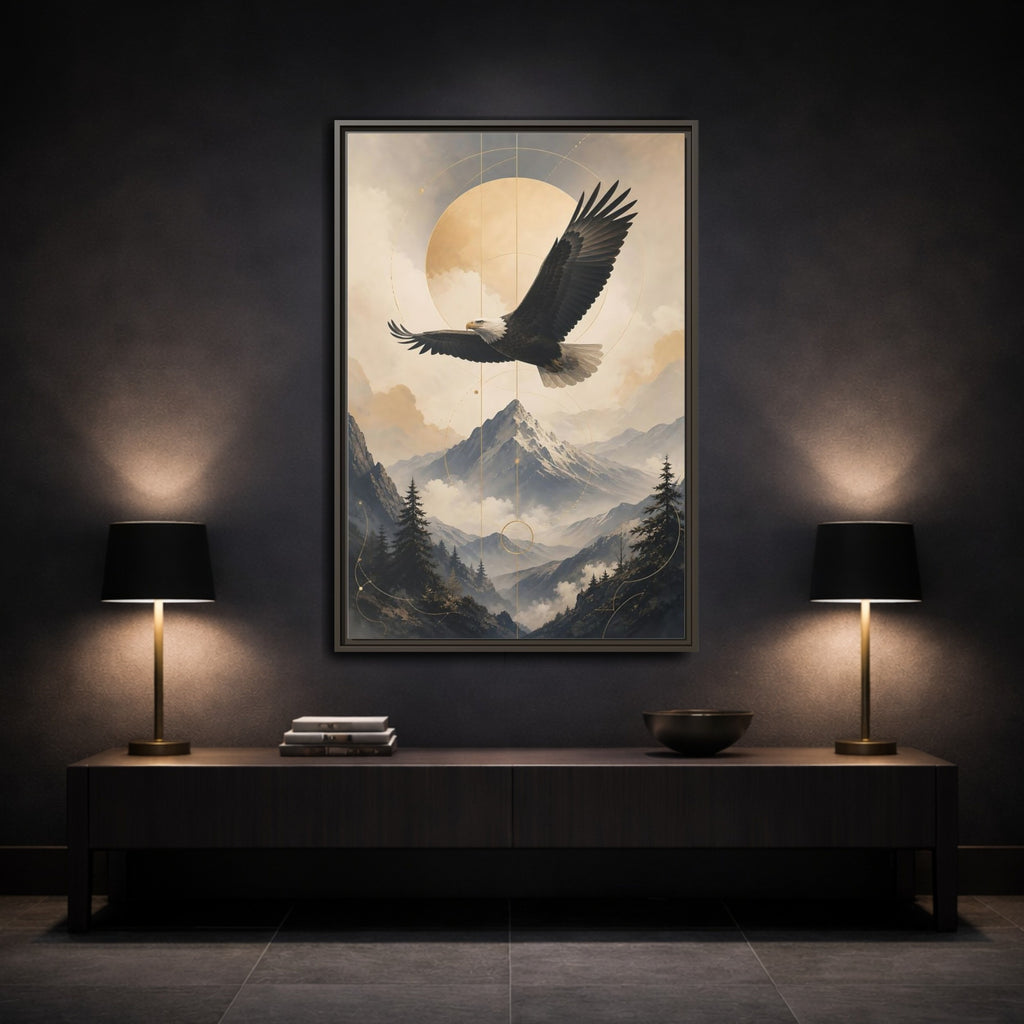 Mockup 3. Nature Bald Eagle Brown And Gold Landscape shown as stretched canvas wall art