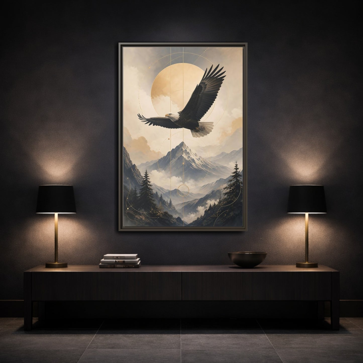 Mockup 3. Nature Bald Eagle Brown And Gold Landscape shown as stretched canvas wall art