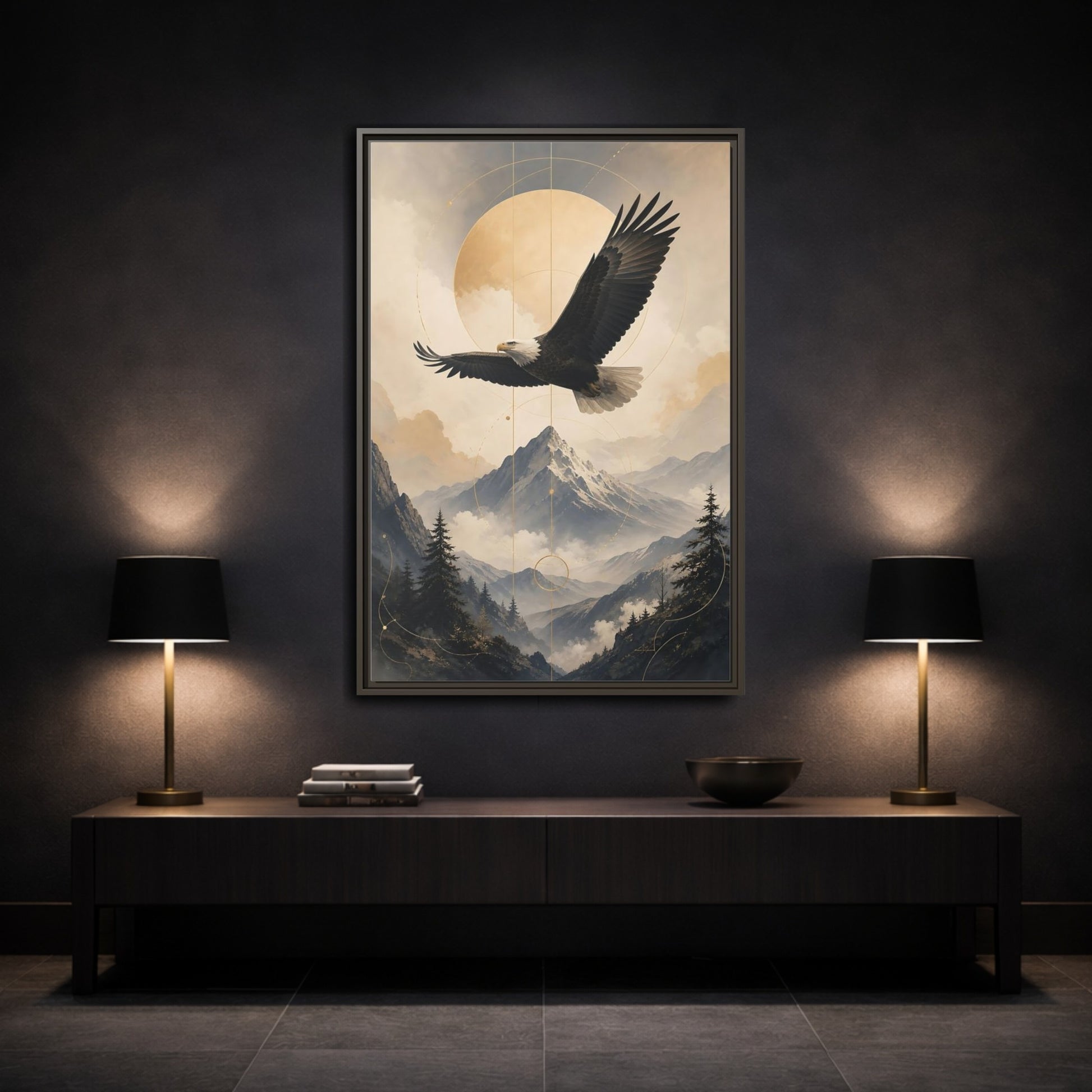 Mockup 3. Nature Bald Eagle Brown And Gold Landscape shown as stretched canvas wall art