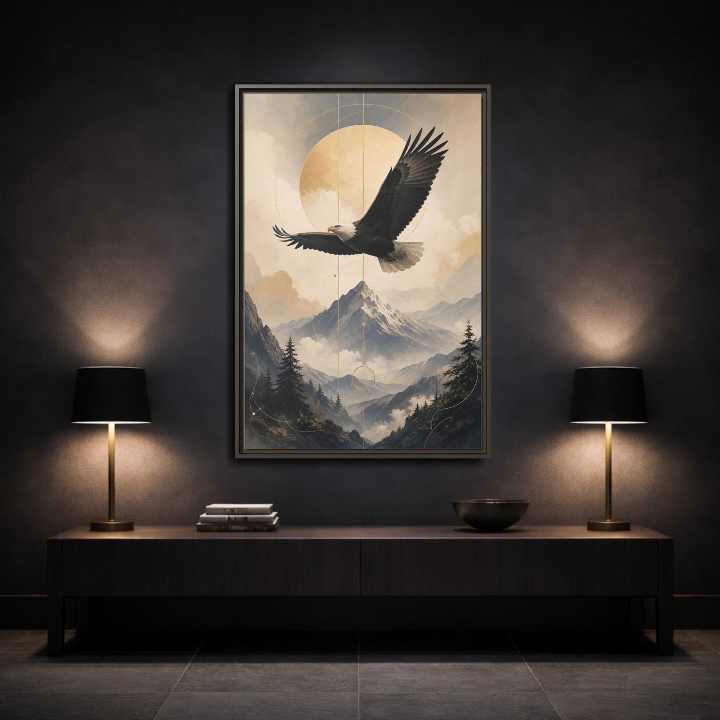 Mockup 3. Nature Bald Eagle Brown And Gold Landscape shown as stretched canvas wall art