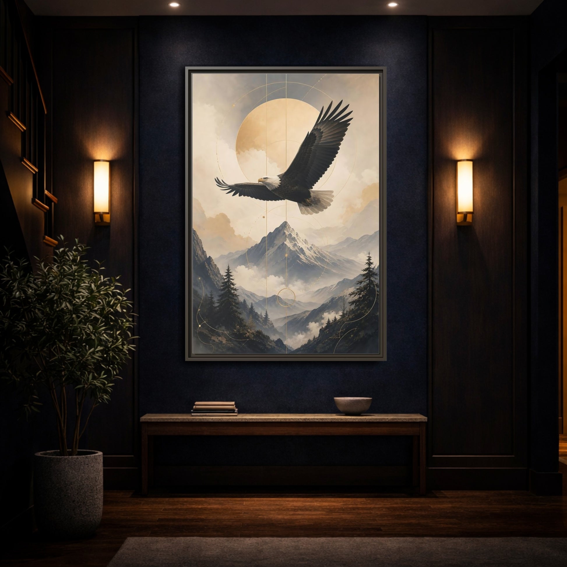 Mockup 4. Nature Bald Eagle Brown And Gold Landscape shown as stretched canvas wall art
