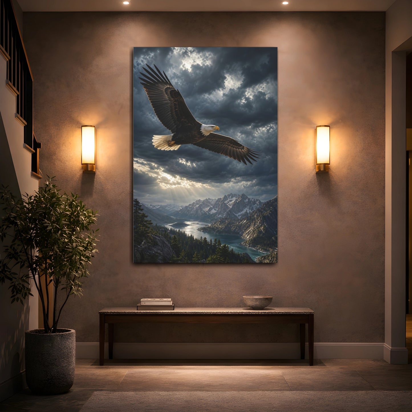 Nature Bald Eagle Dramatic Canvas Wall Art Print - Living Room, Above Sofa, Dark Grey shown as canvas wall art