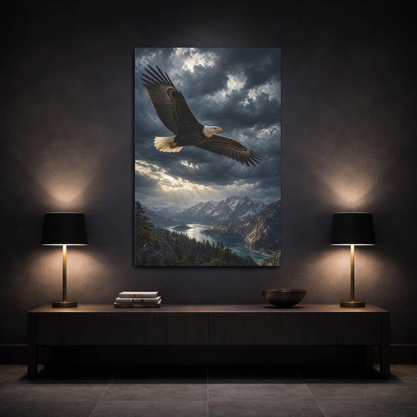 Nature Bald Eagle Dramatic Canvas Wall Art Print - Living Room, Above Sofa, Dark Grey shown as canvas wall art