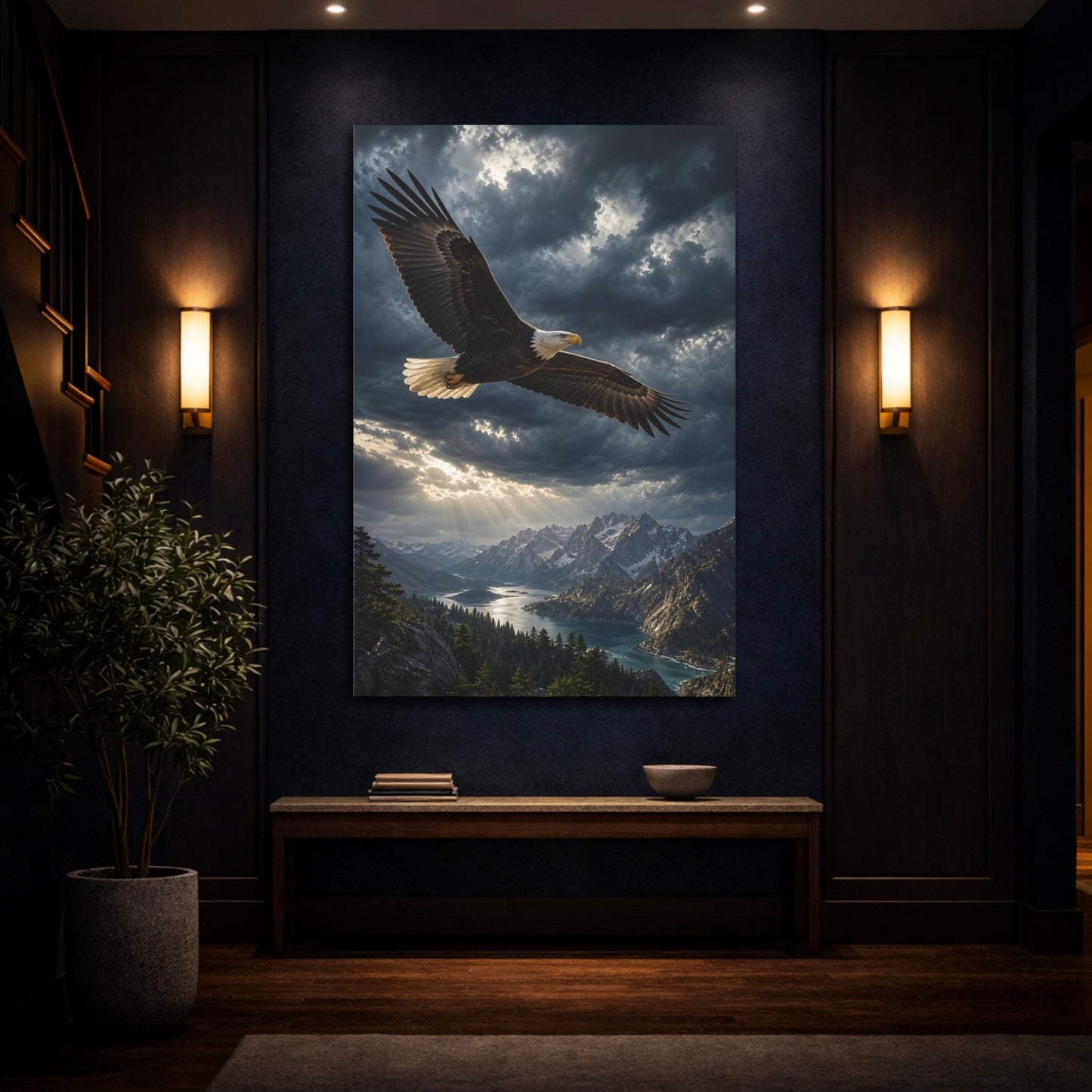Nature Bald Eagle Dramatic Canvas Wall Art Print - Living Room, Above Sofa, Dark Grey shown as canvas wall art