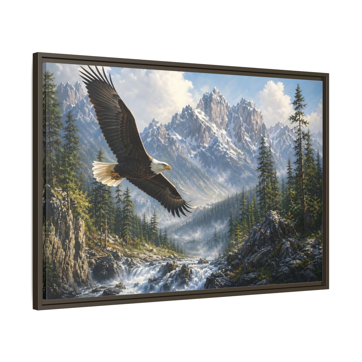 Main Mockup. Nature Bald Eagle Eagle Mountain River shown as stretched canvas wall art