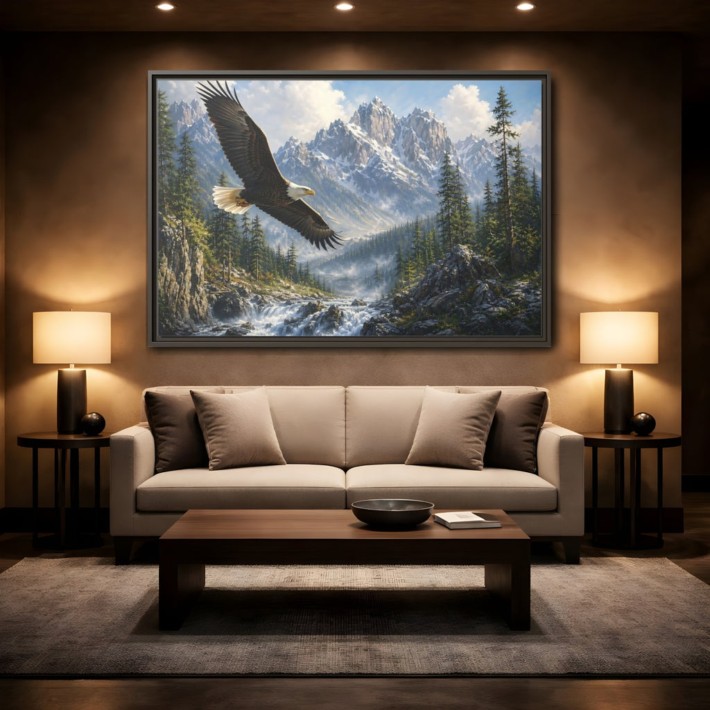 Mockup 2. Nature Bald Eagle Eagle Mountain River shown as stretched canvas wall art